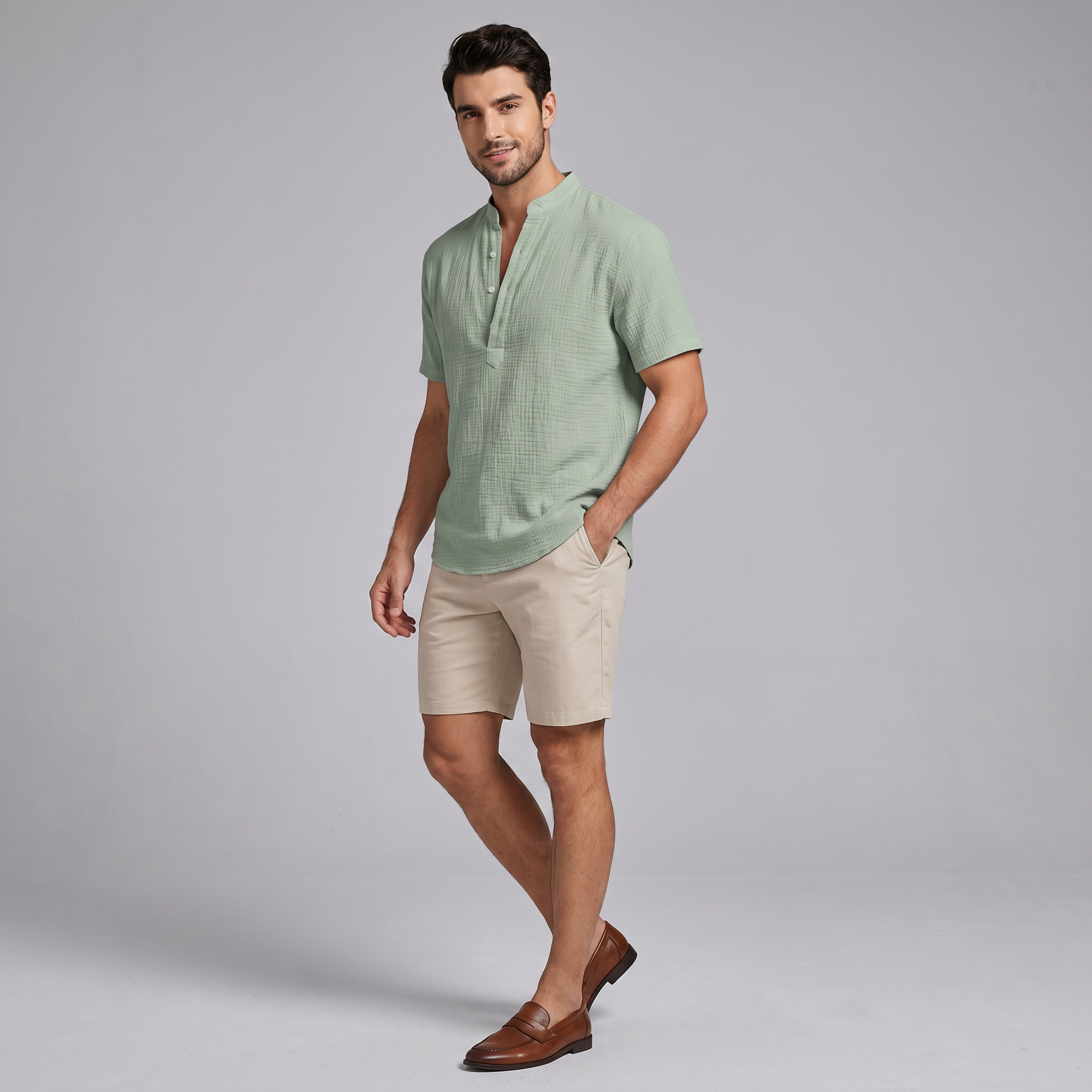 Men’s Textured Linen Mandarin Shirt