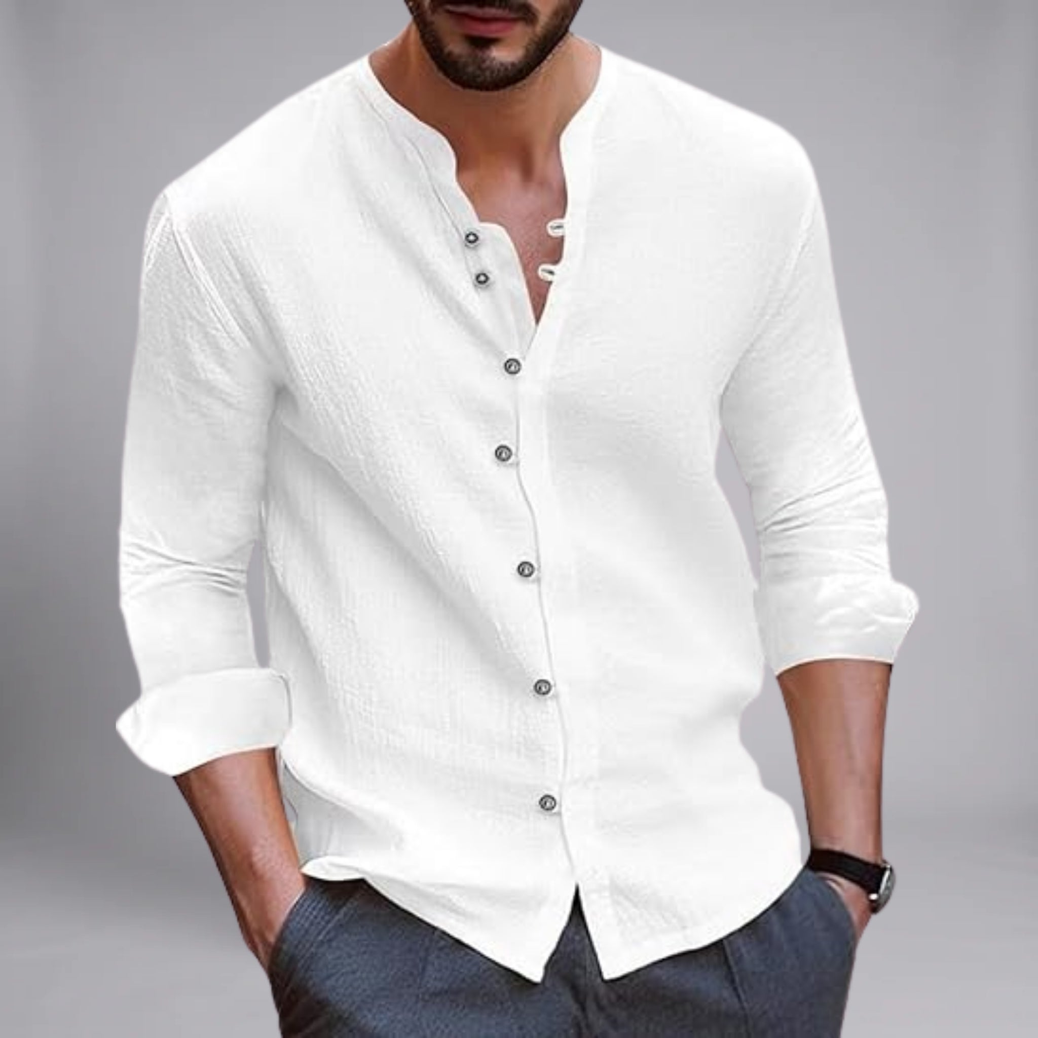 Men’s Textured Stand-Collar Button-Down Shirt