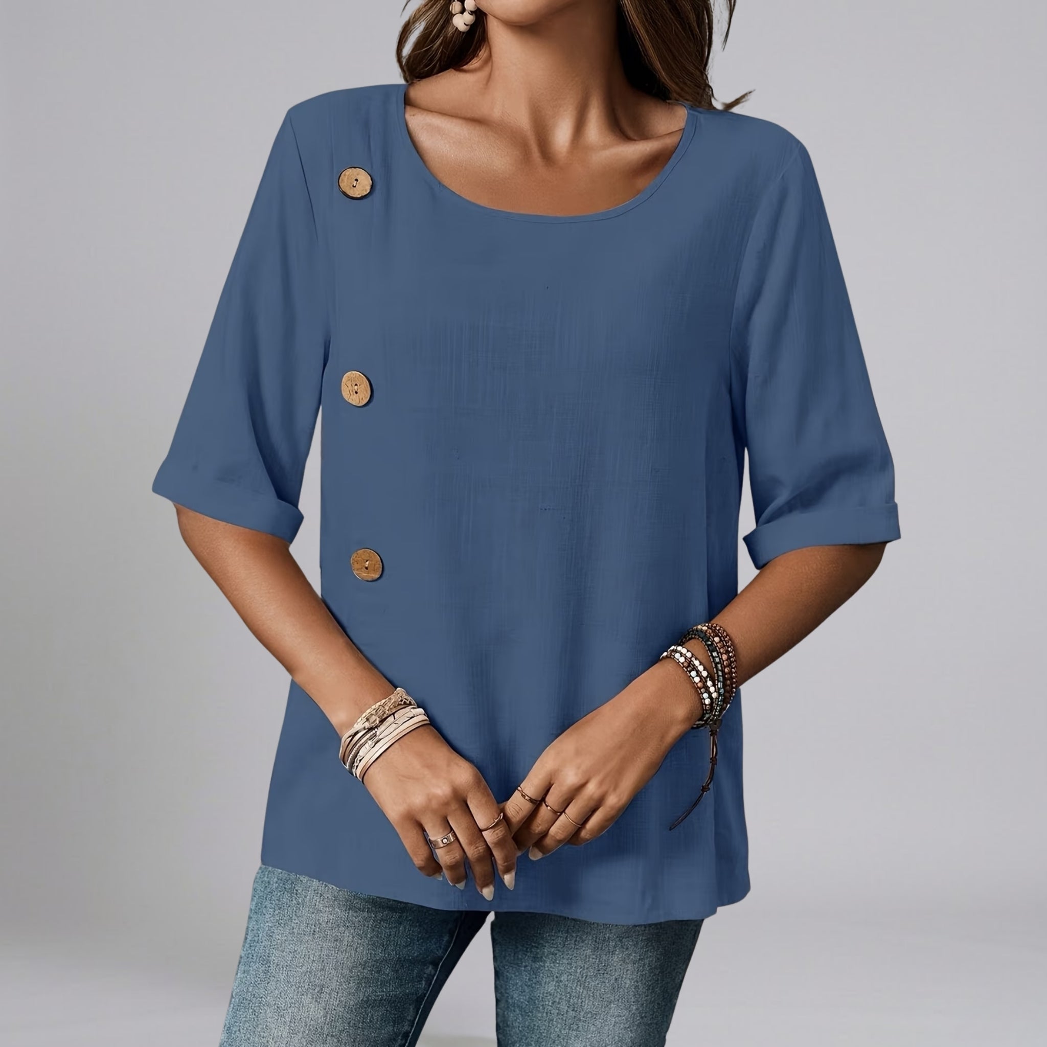 Women’s Asymmetric Button-Detail Textured Linen Blouse