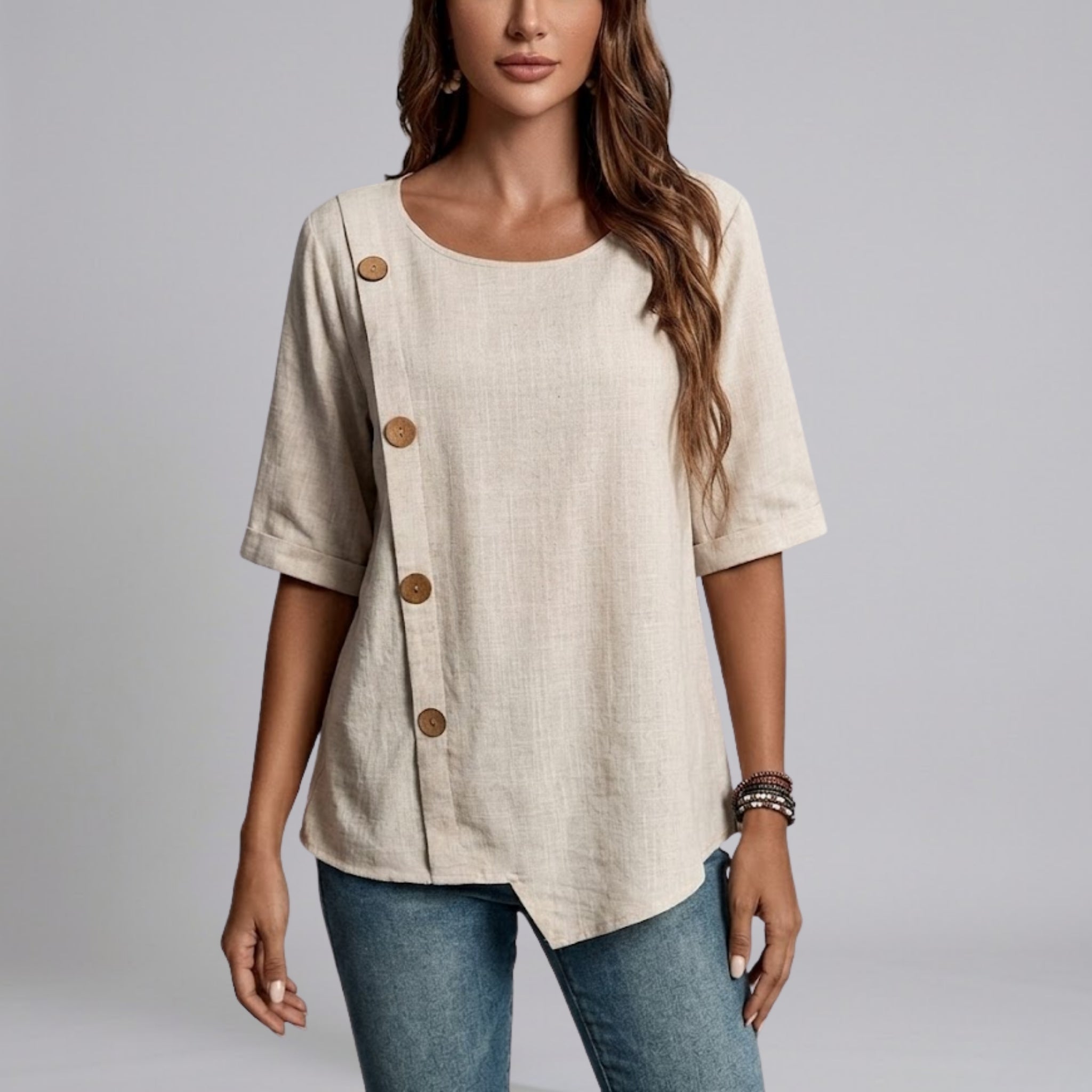 Women’s Asymmetric Button-Detail Textured Linen Blouse