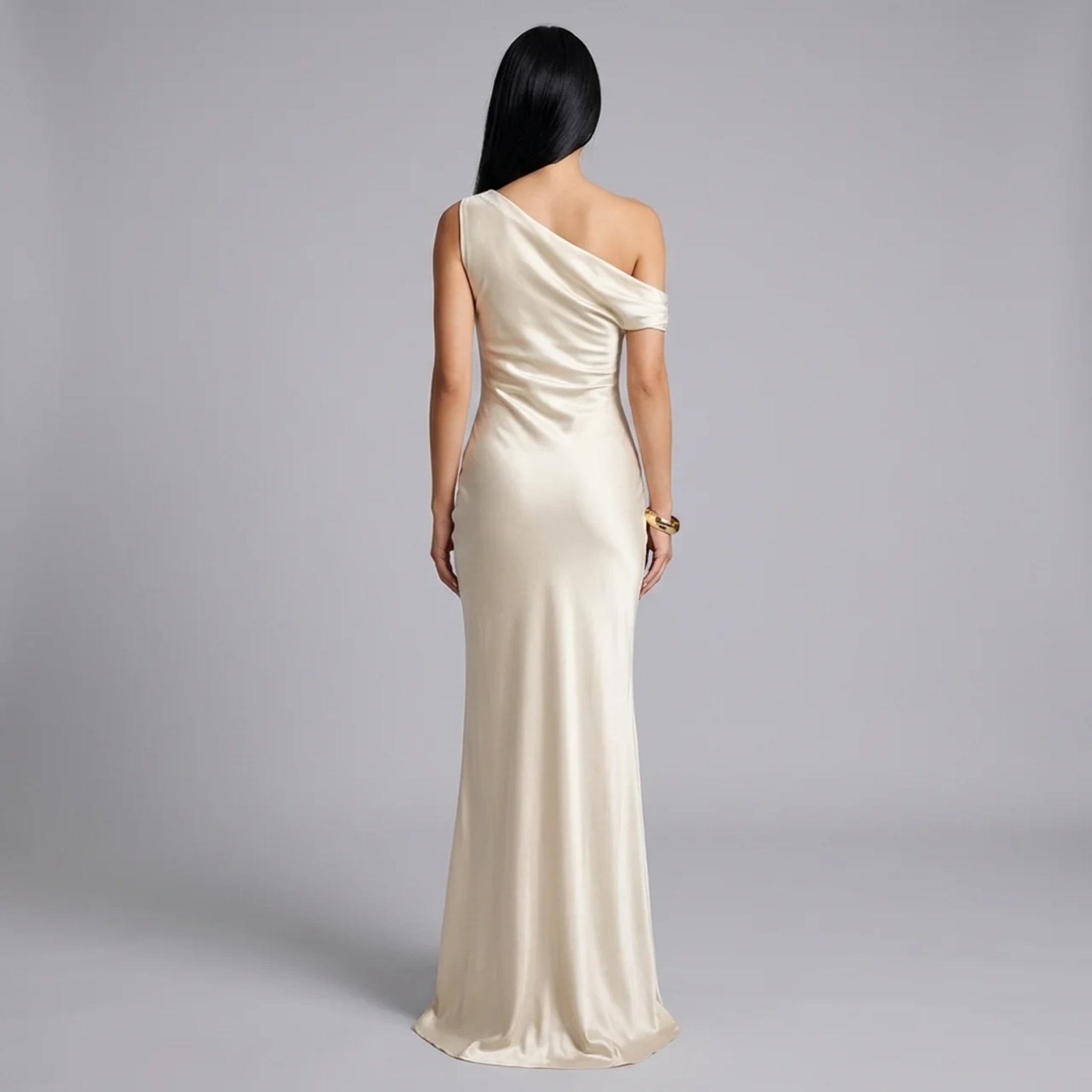 Women’s Asymmetric Satin Draped Maxi Dress