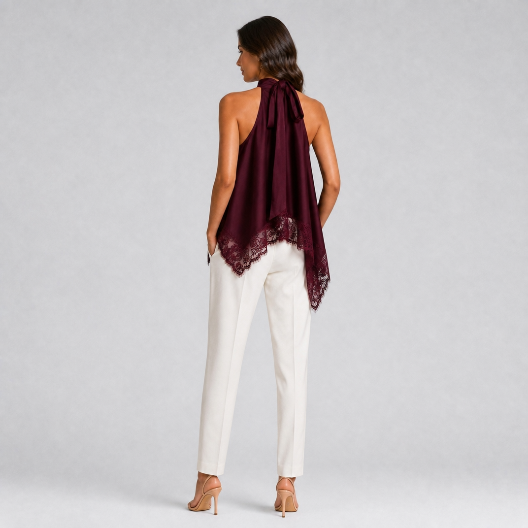 Women's Asymmetric Satin Lace Top – Halter Neck Going Out Blouse