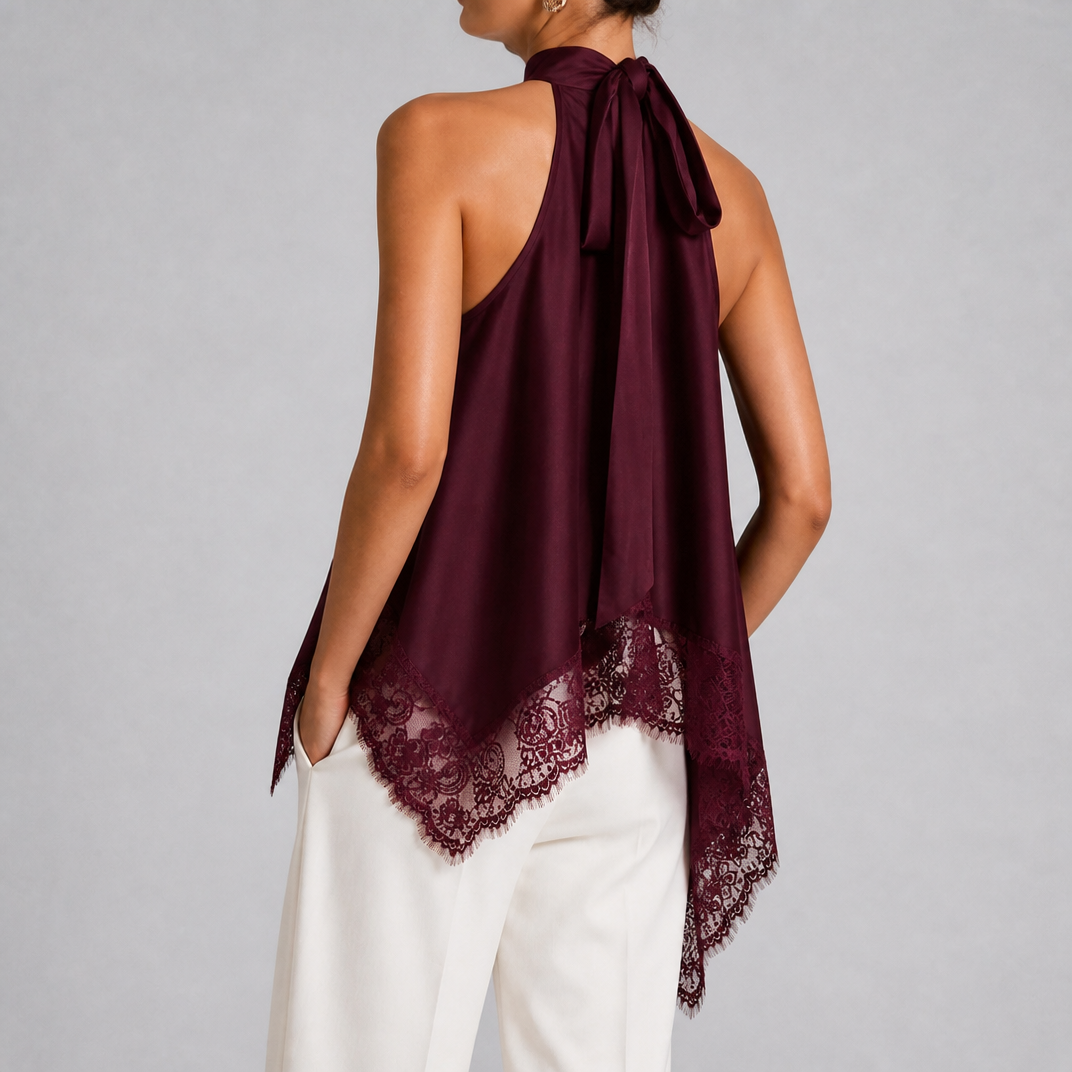 Women's Asymmetric Satin Lace Top – Halter Neck Going Out Blouse
