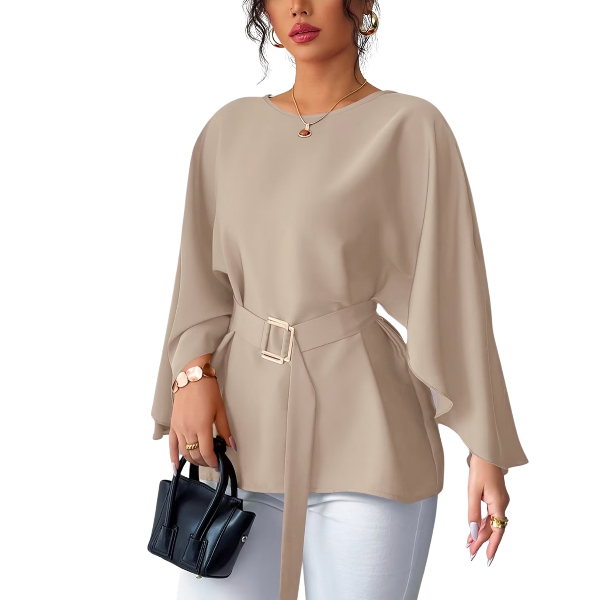 Women’s Belted Blouse with Kimono Sleeves and Buckle Detail