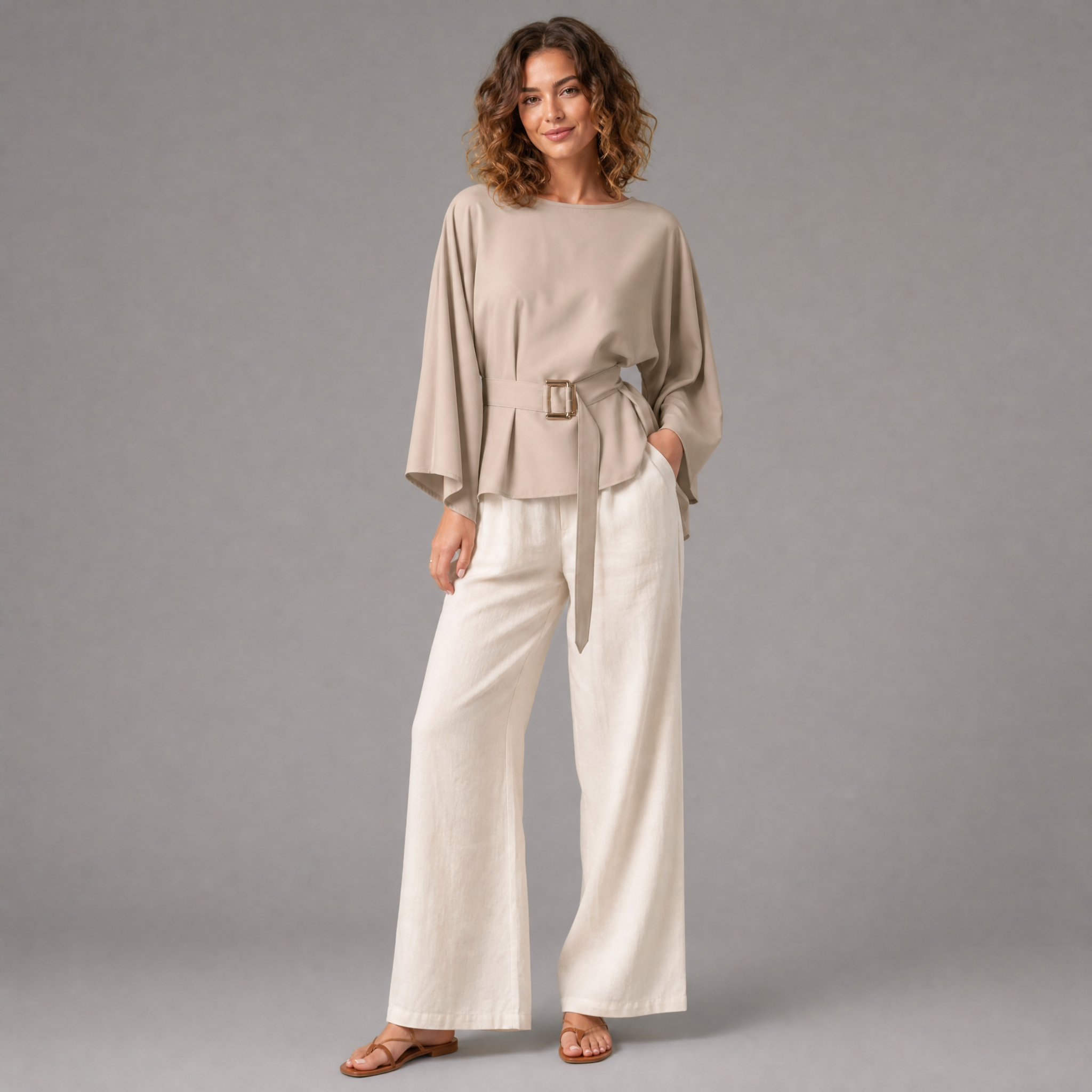 Women’s Belted Blouse with Kimono Sleeves and Buckle Detail