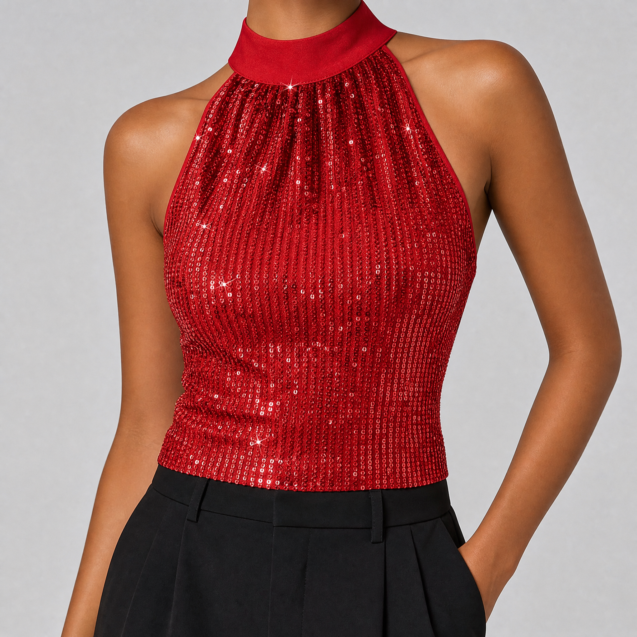 Women's Black Sparkly Sequin Top – Halter Neck Going Out Top