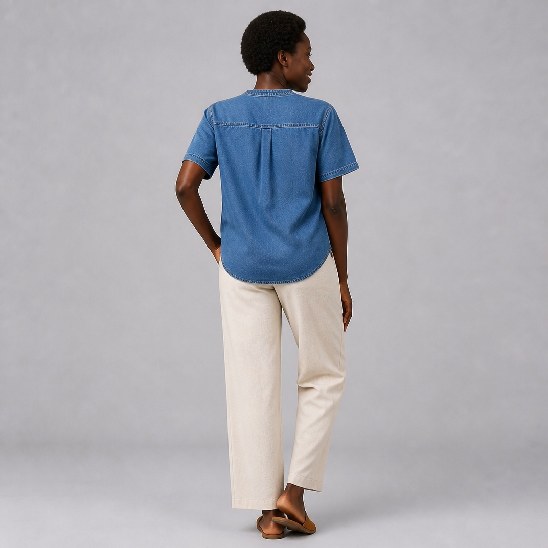 Women’s Blue Denim Short Sleeve Henley Shirt