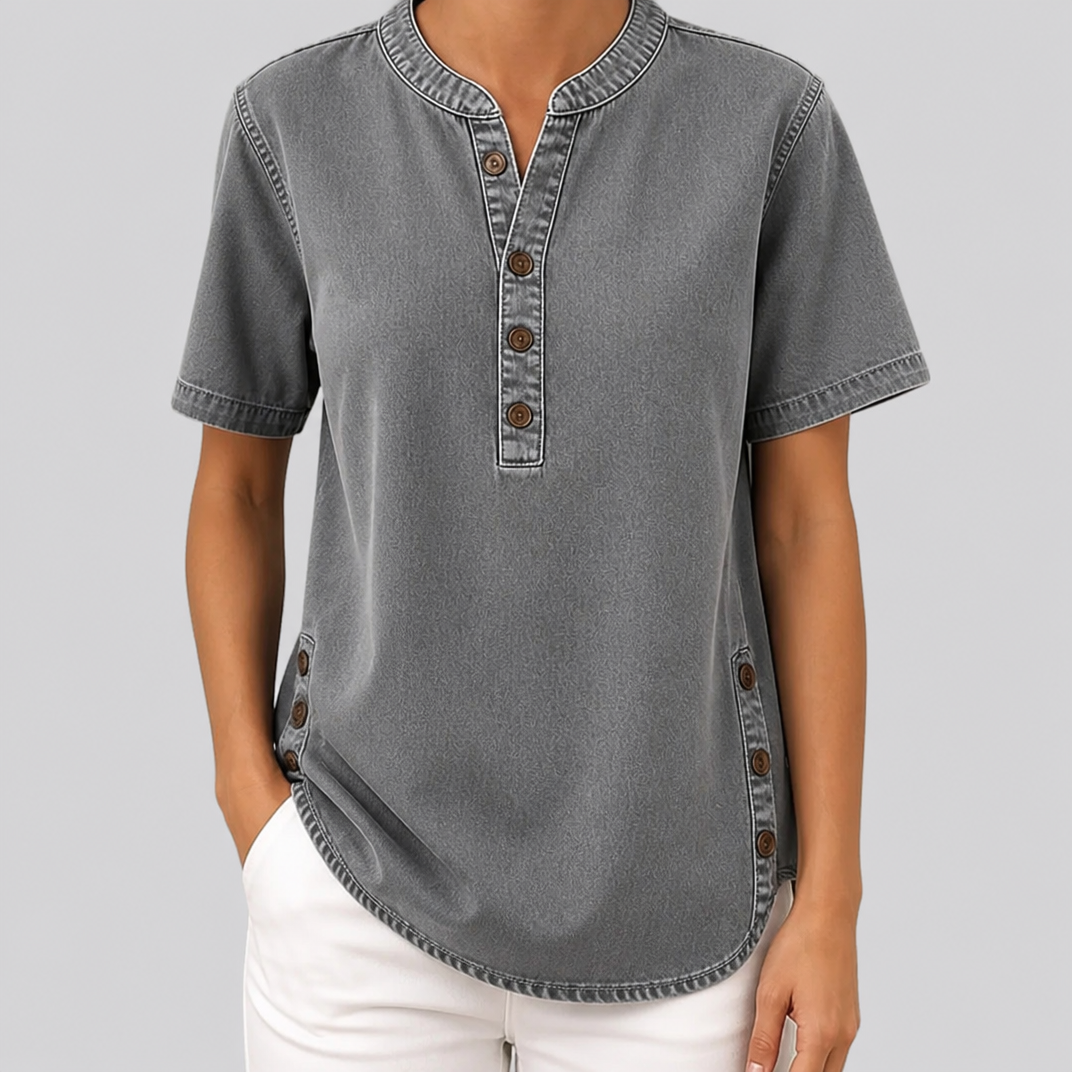 Women’s Blue Denim Short Sleeve Henley Shirt