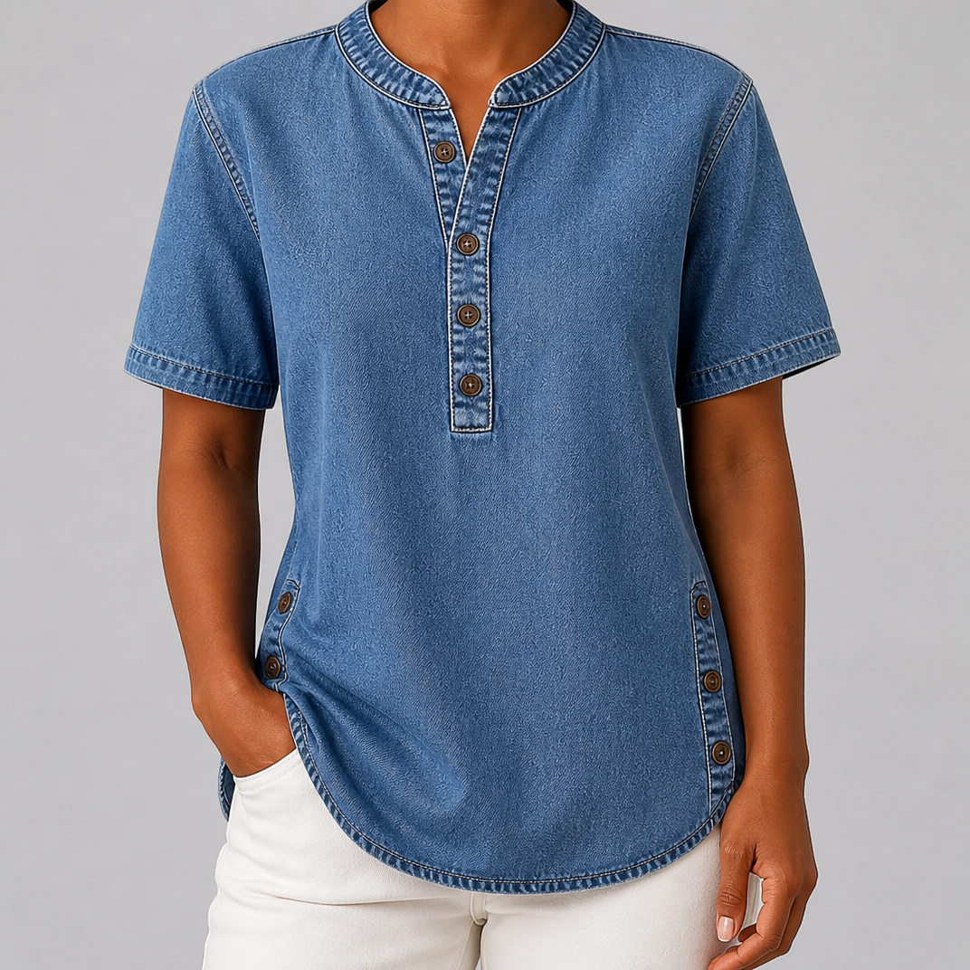 Women’s Blue Denim Short Sleeve Henley Shirt