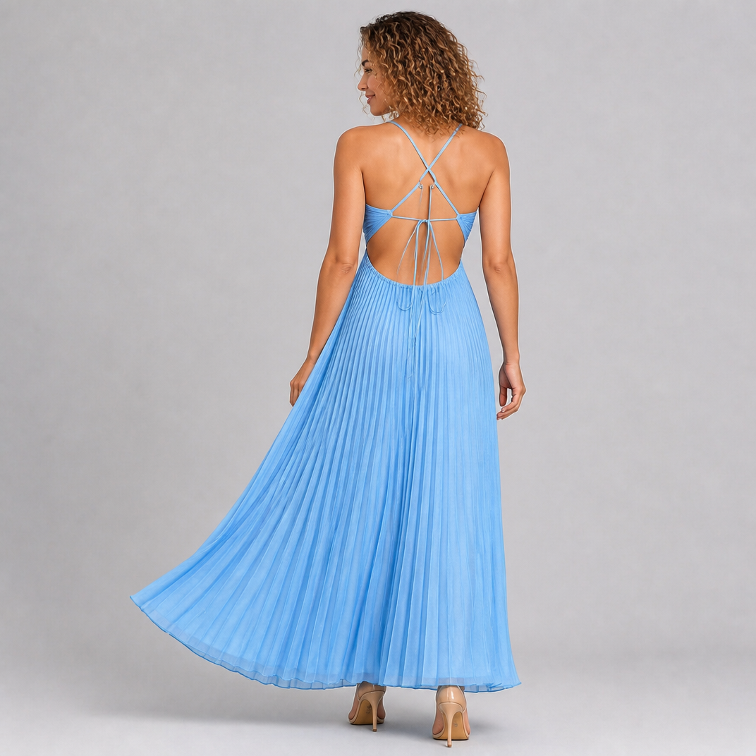 Women's Blue Pleated Halter Neck Maxi Dress – Backless Wedding Guest Dress
