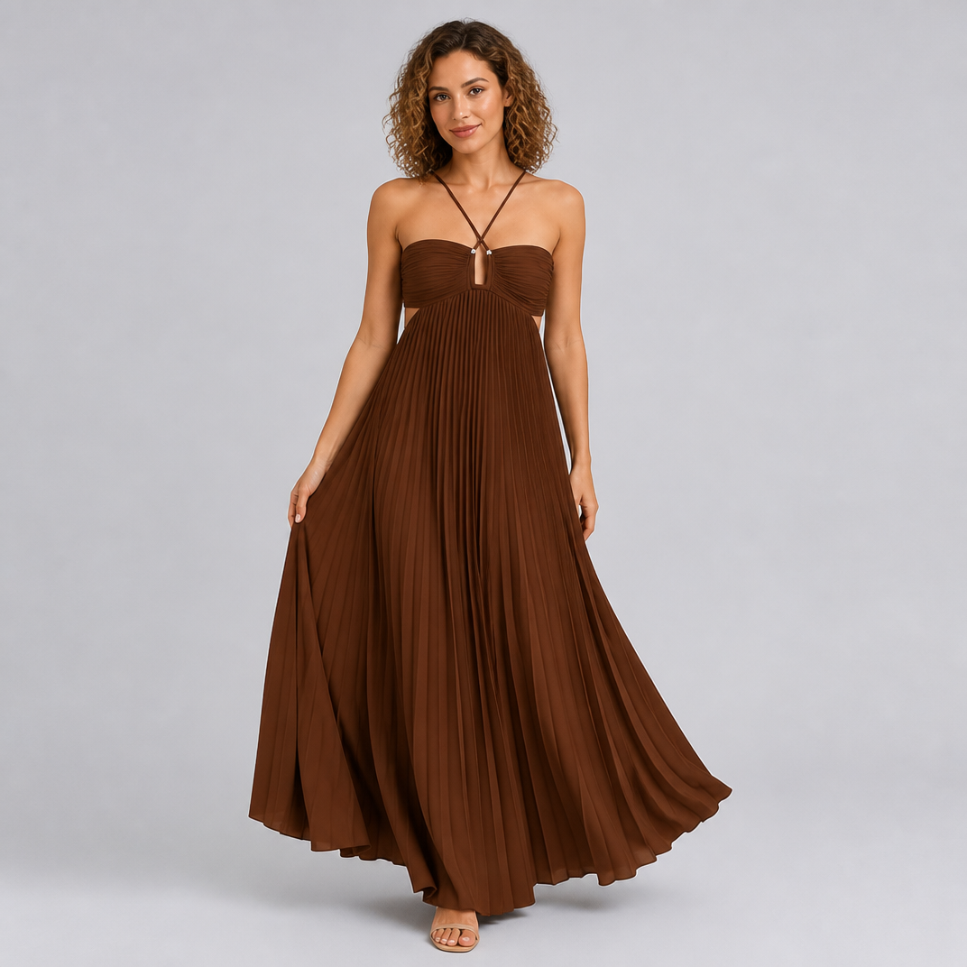 Women's Blue Pleated Halter Neck Maxi Dress – Backless Wedding Guest Dress