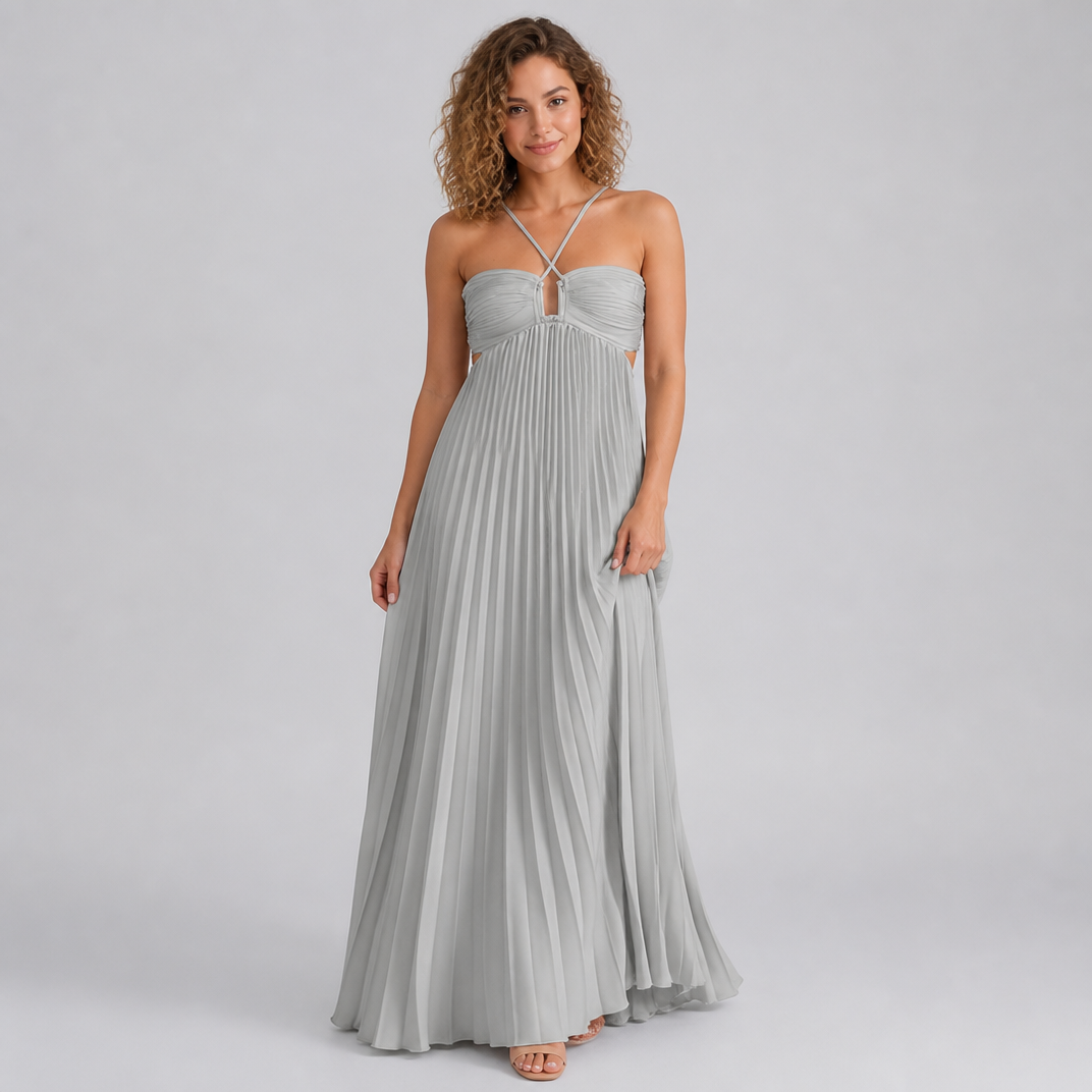 Women's Blue Pleated Halter Neck Maxi Dress – Backless Wedding Guest Dress