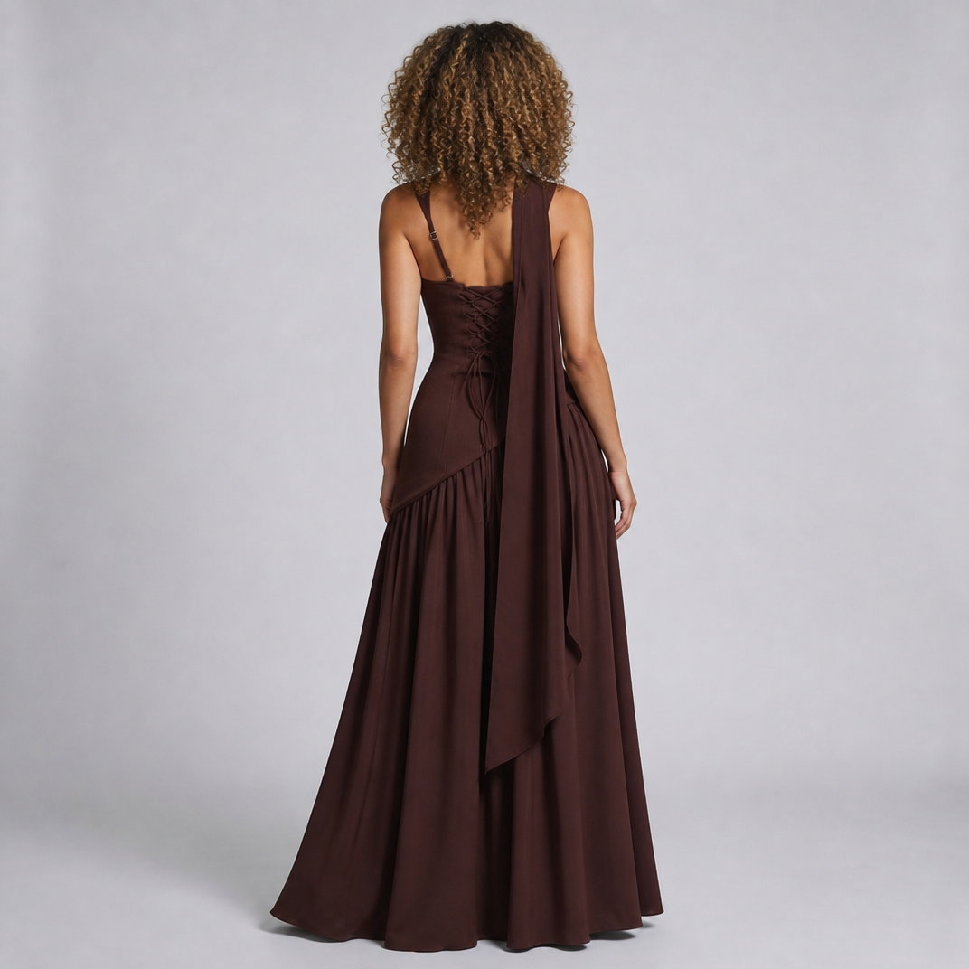 Women's Brown Corset Maxi Dress – Elegant Evening Dress