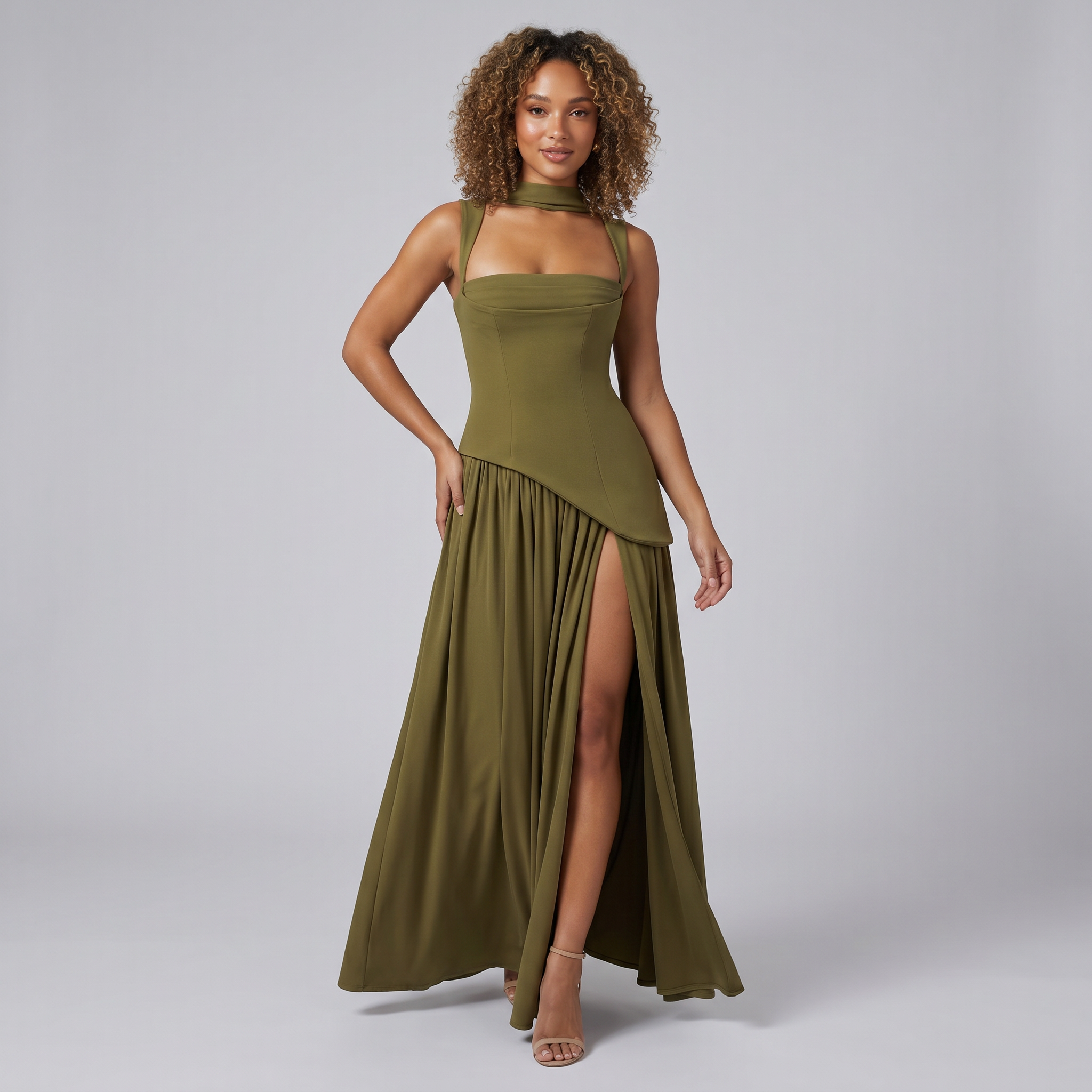 Women's Brown Corset Maxi Dress – Elegant Evening Dress