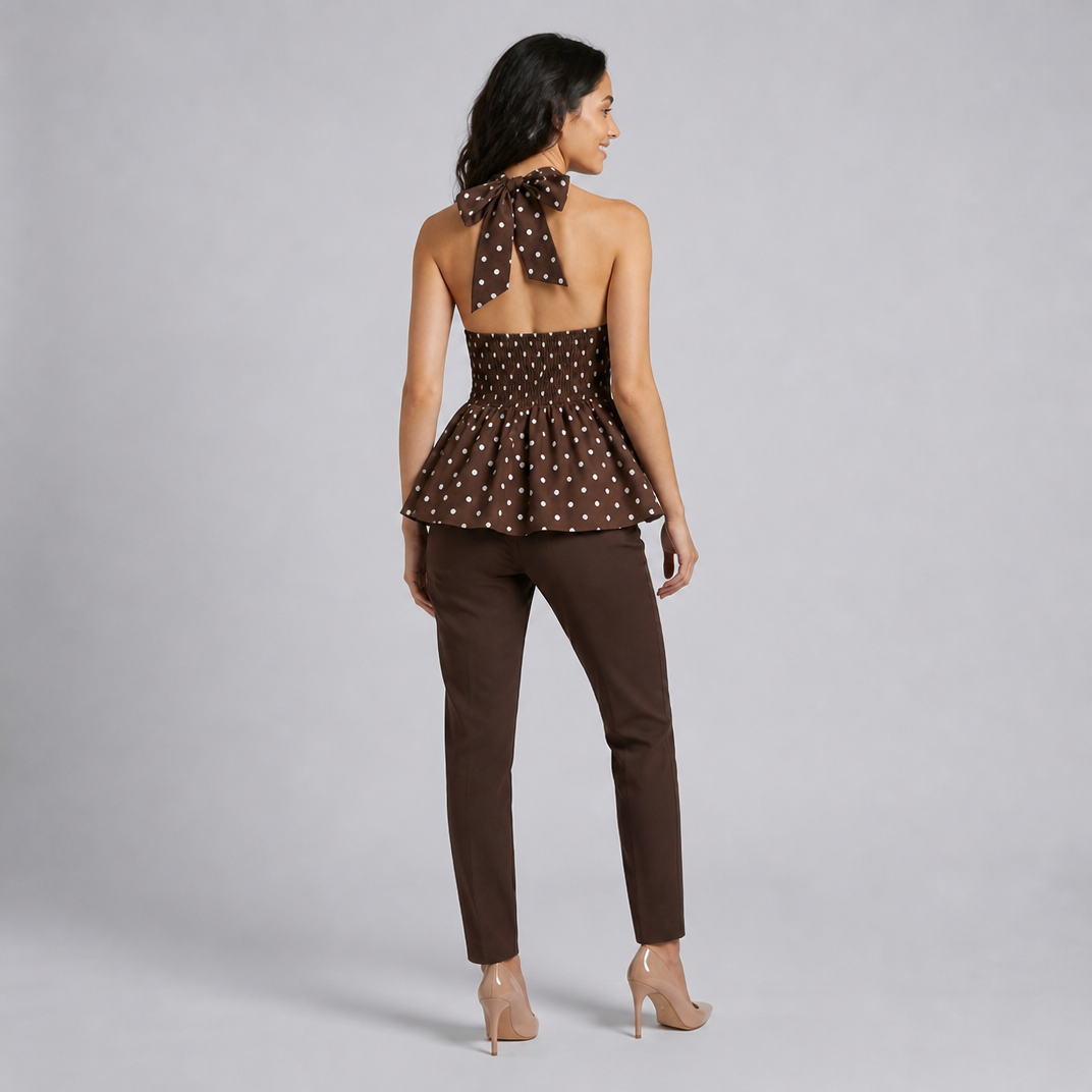 Women's Brown Polka Dot Halter Neck Peplum Top – Summer Occasion Top