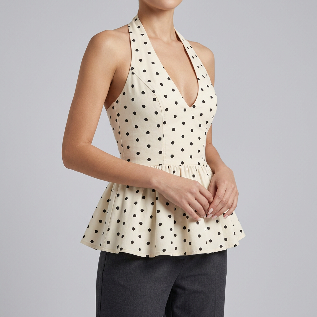 Women's Brown Polka Dot Halter Neck Peplum Top – Summer Occasion Top