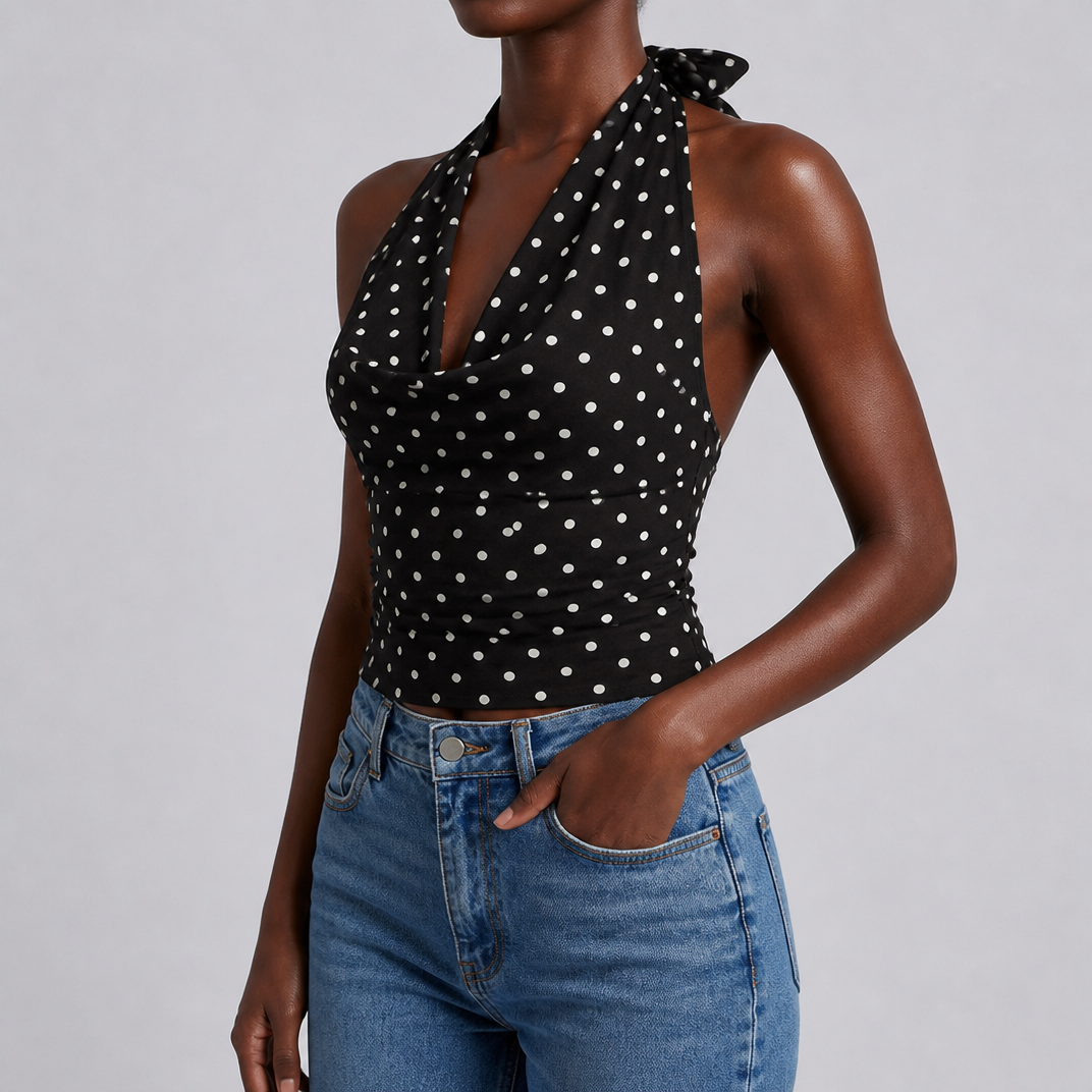 Women's Brown Polka Dot Halter Neck Top – Elegant Summer Occasion Top