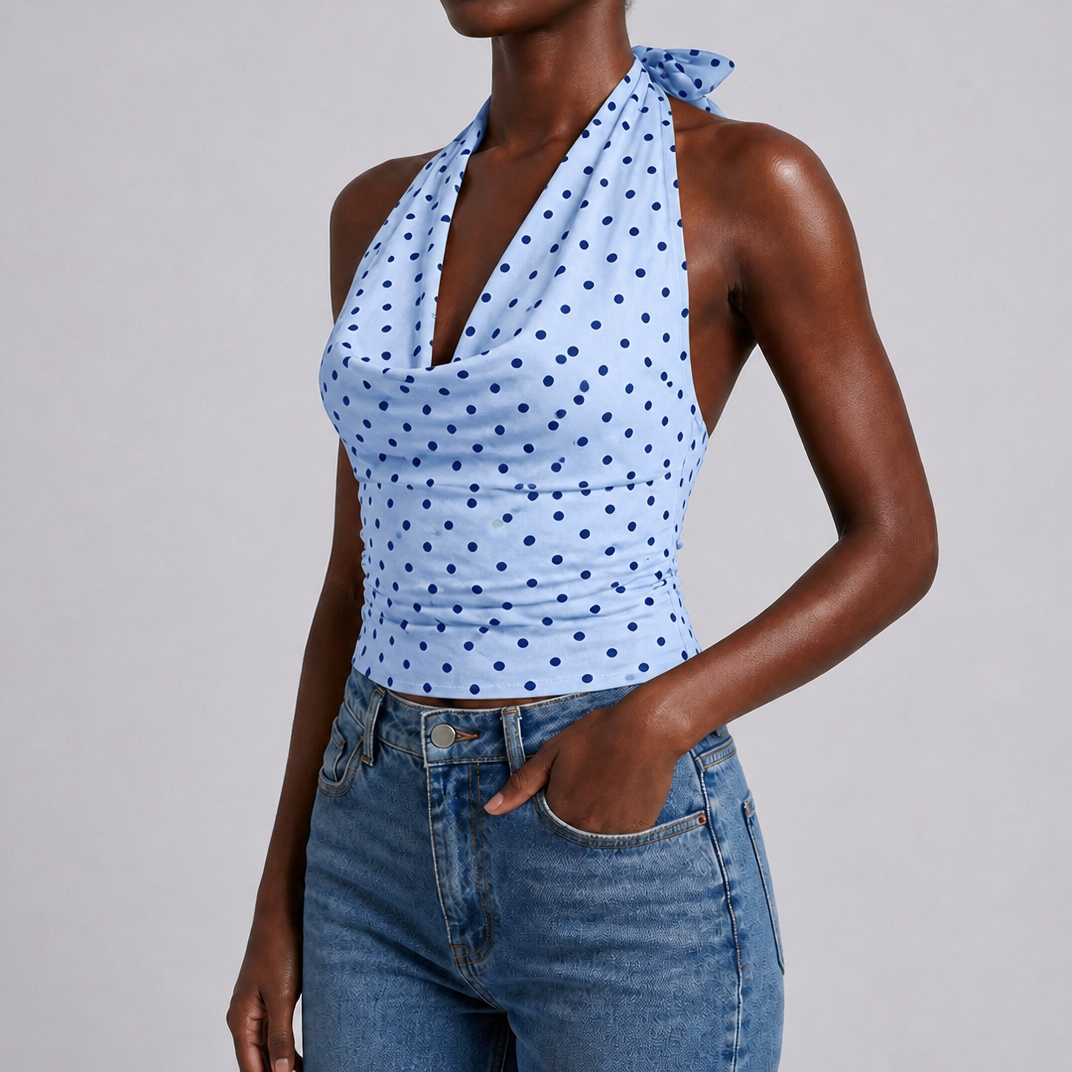 Women's Brown Polka Dot Halter Neck Top – Elegant Summer Occasion Top