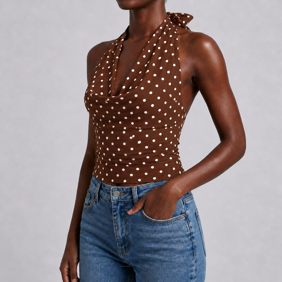 Women's Brown Polka Dot Halter Neck Top – Elegant Summer Occasion Top