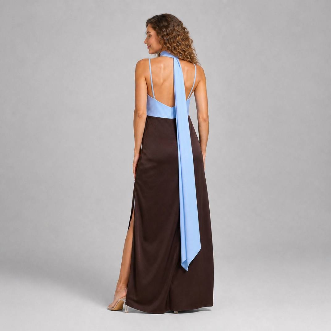 Women's Brown Satin Maxi Dress – Asymmetric Scarf Wedding Guest Dress