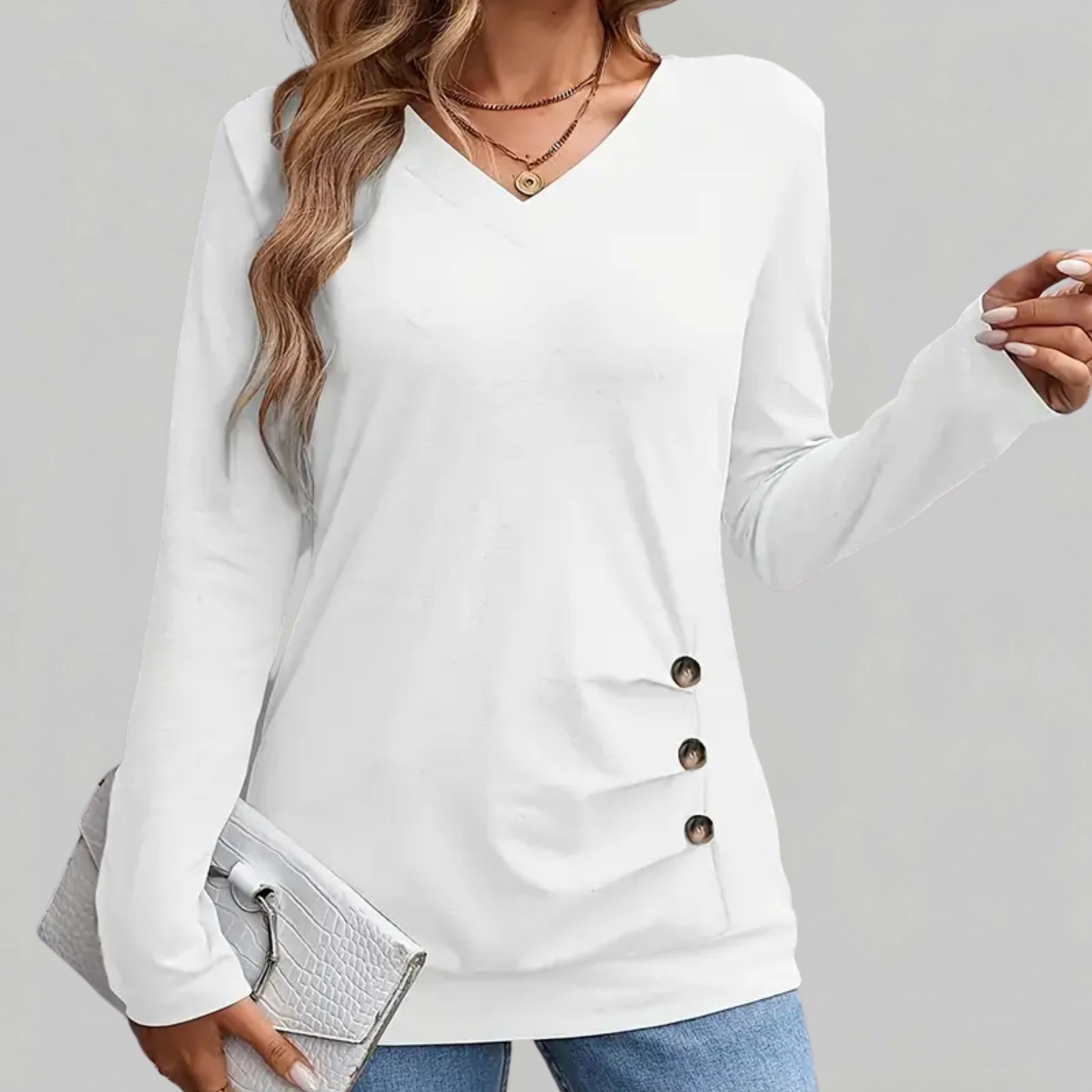 Women’s Button-Detail V-Neck Long Sleeve Shirt