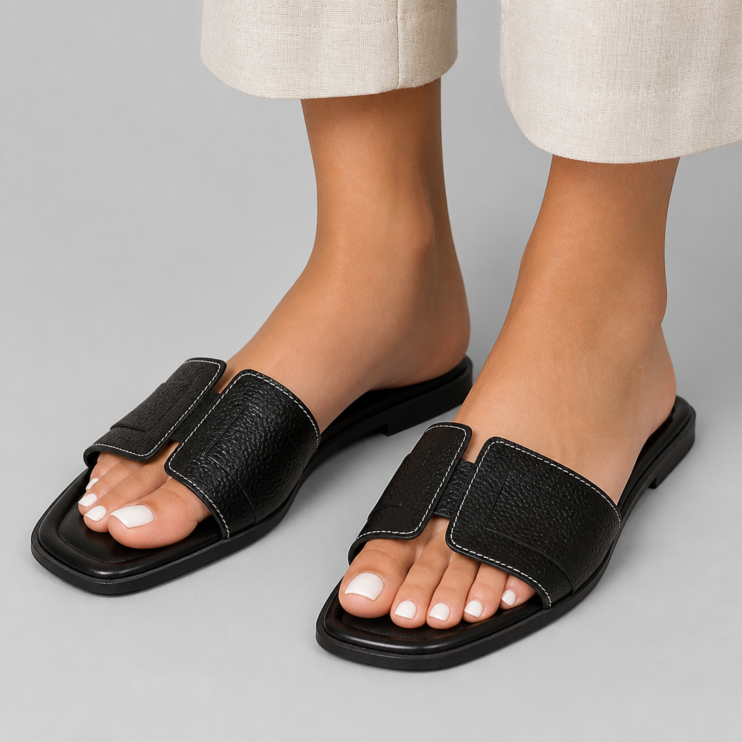 Women’s Contrast-Stitch Leather Sandal Slides