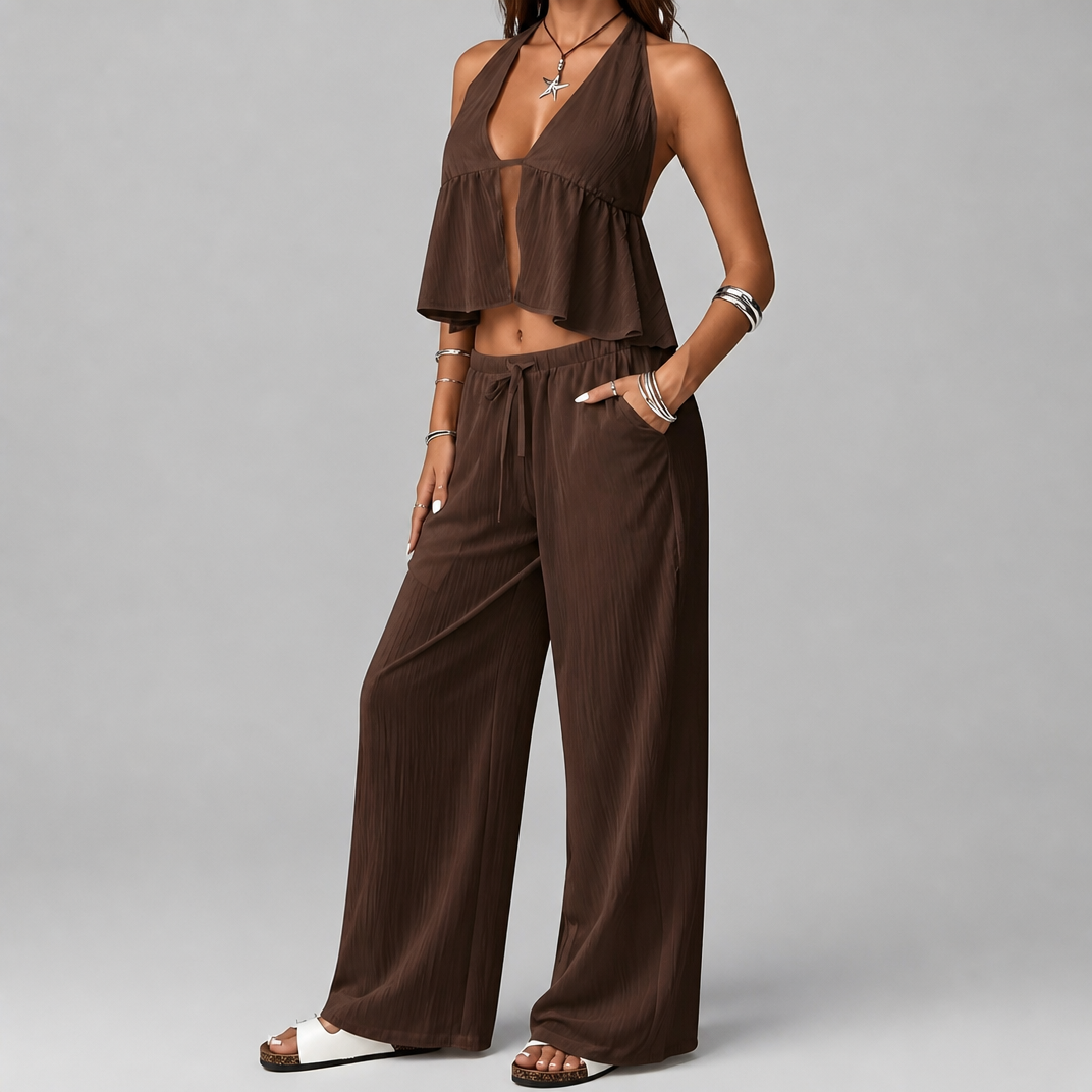 Women's Crinkle Halterneck Co-ord Set – Two Piece Set Women
