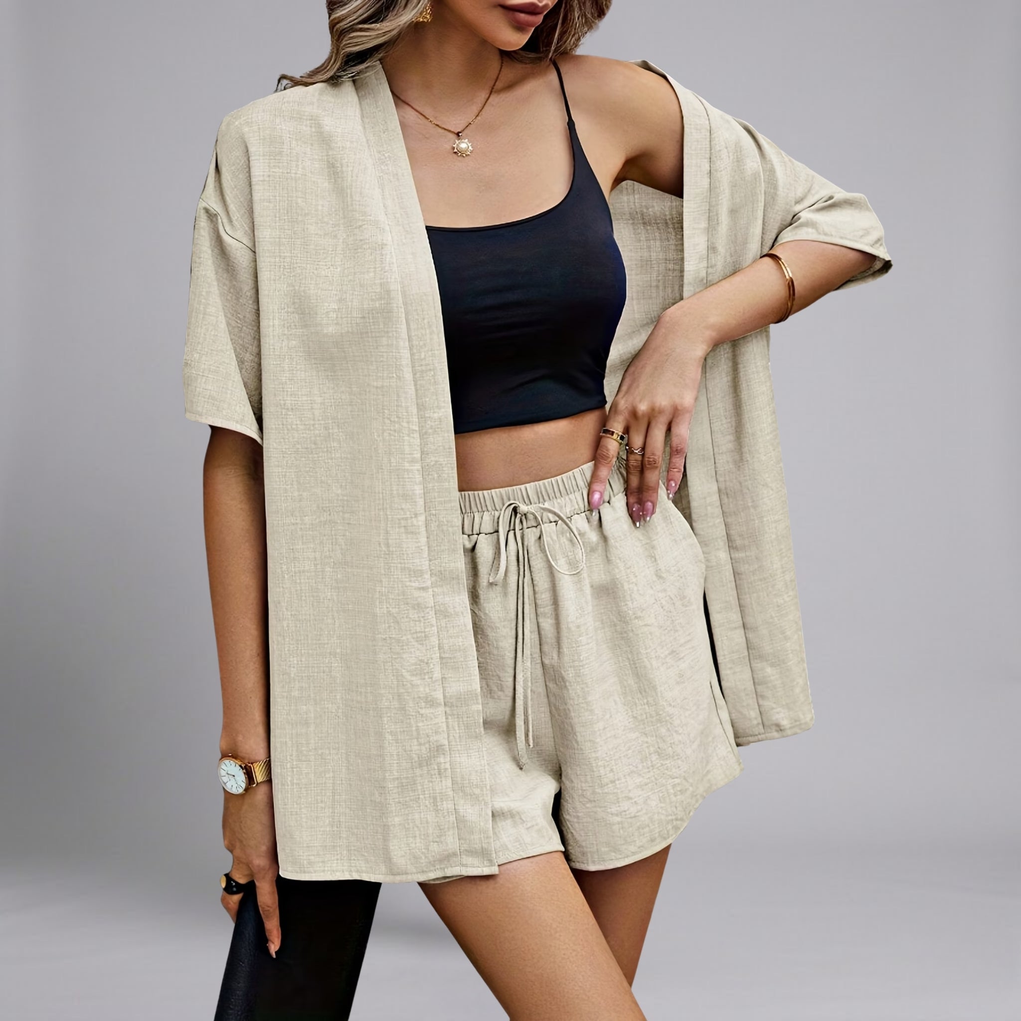 Women’s Drop-Shoulder Slub-Knit Resort Kimono Shorts Set