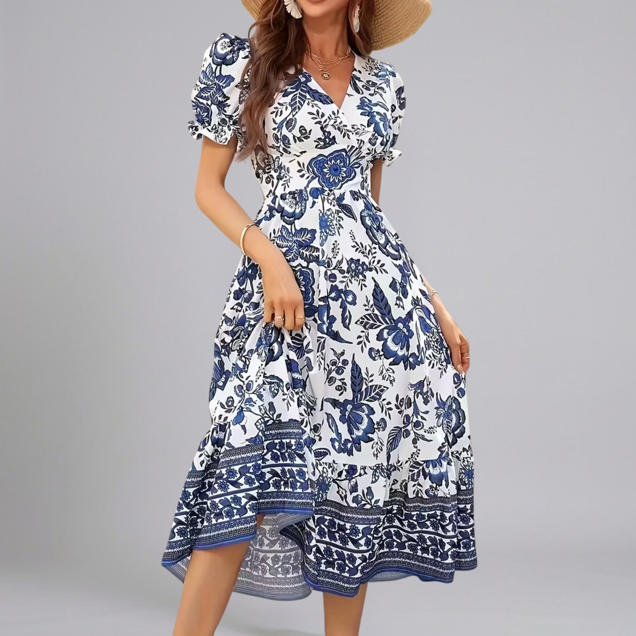 Women’s Exquisite Textured Floral Puff Sleeve Ruffled Midi Dress