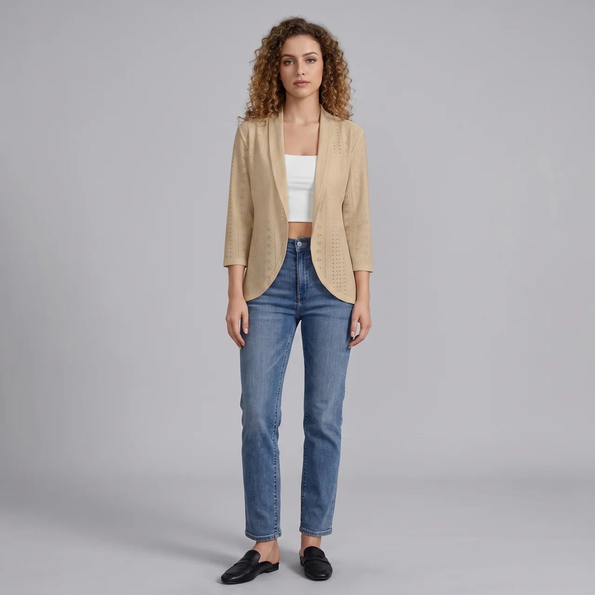 Women’s Eyelet-Patterned Open-Front Spring Cardigan