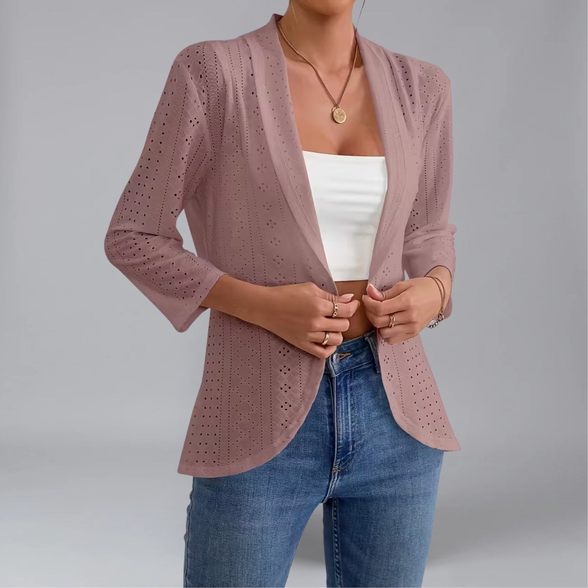 Women’s Eyelet-Patterned Open-Front Spring Cardigan
