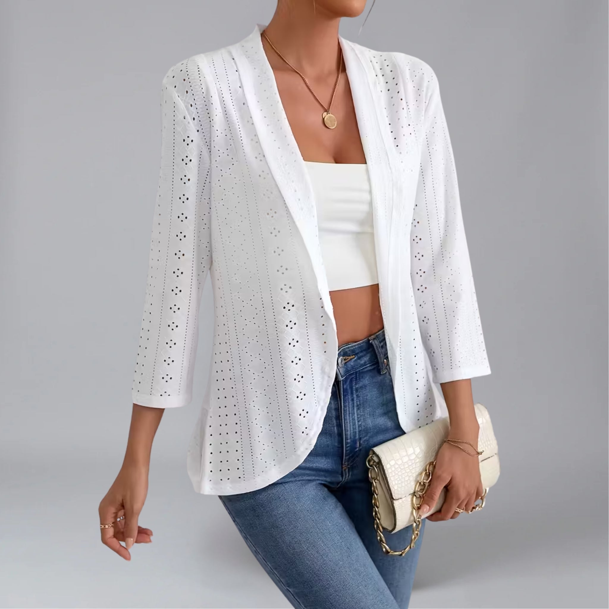 Women’s Eyelet-Patterned Open-Front Spring Cardigan