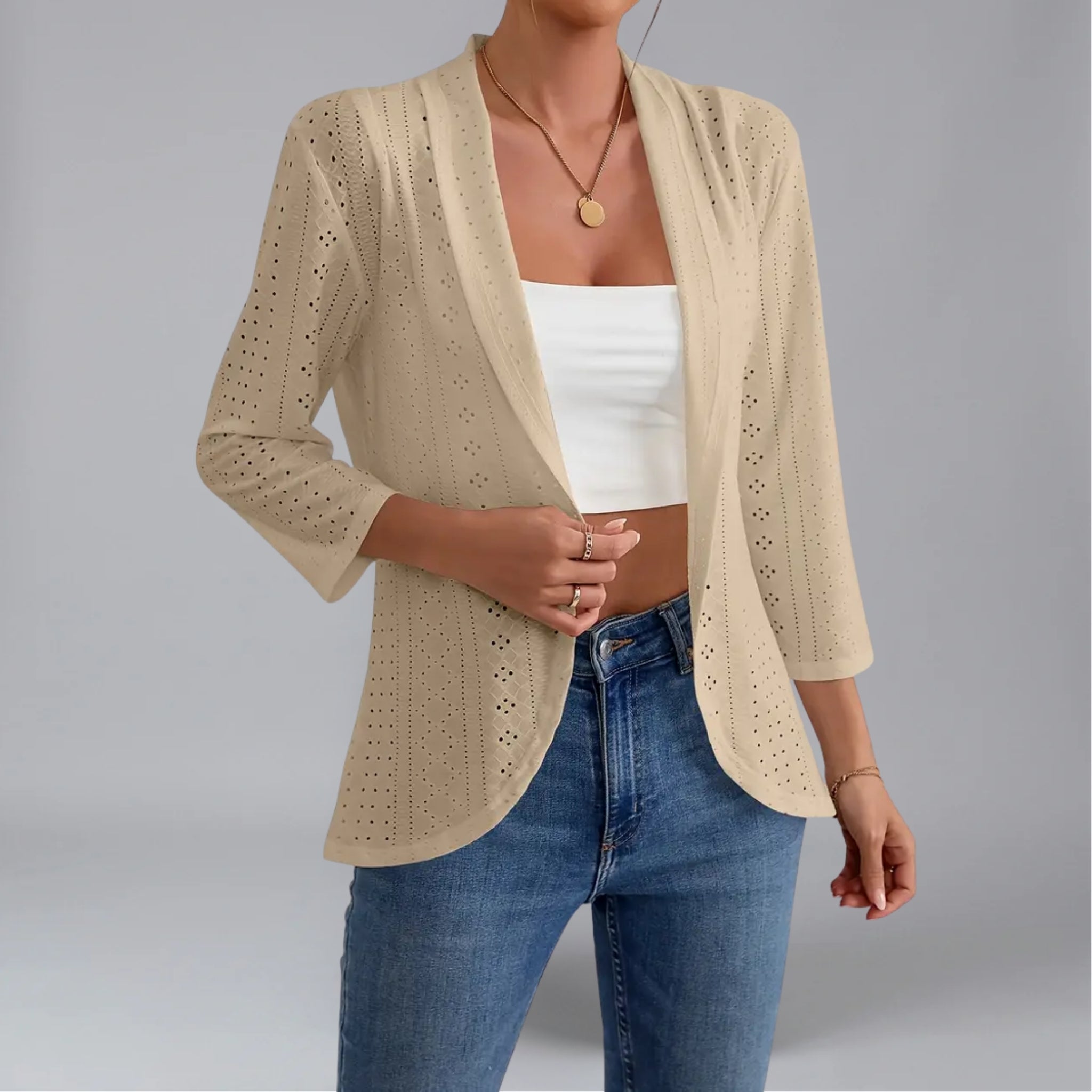 Women’s Eyelet-Patterned Open-Front Spring Cardigan