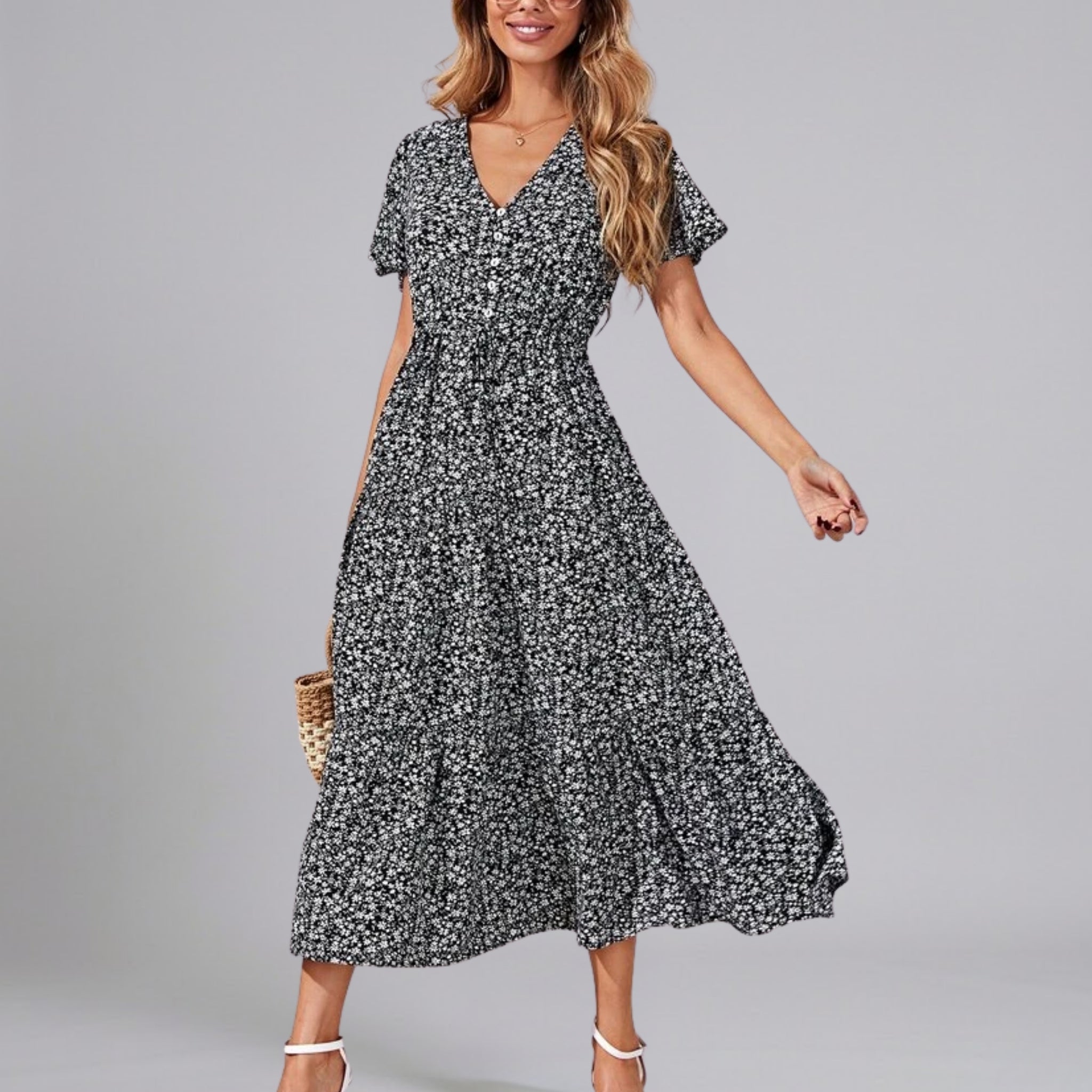 Women’s Floral Flutter-Sleeve Smocked Dress