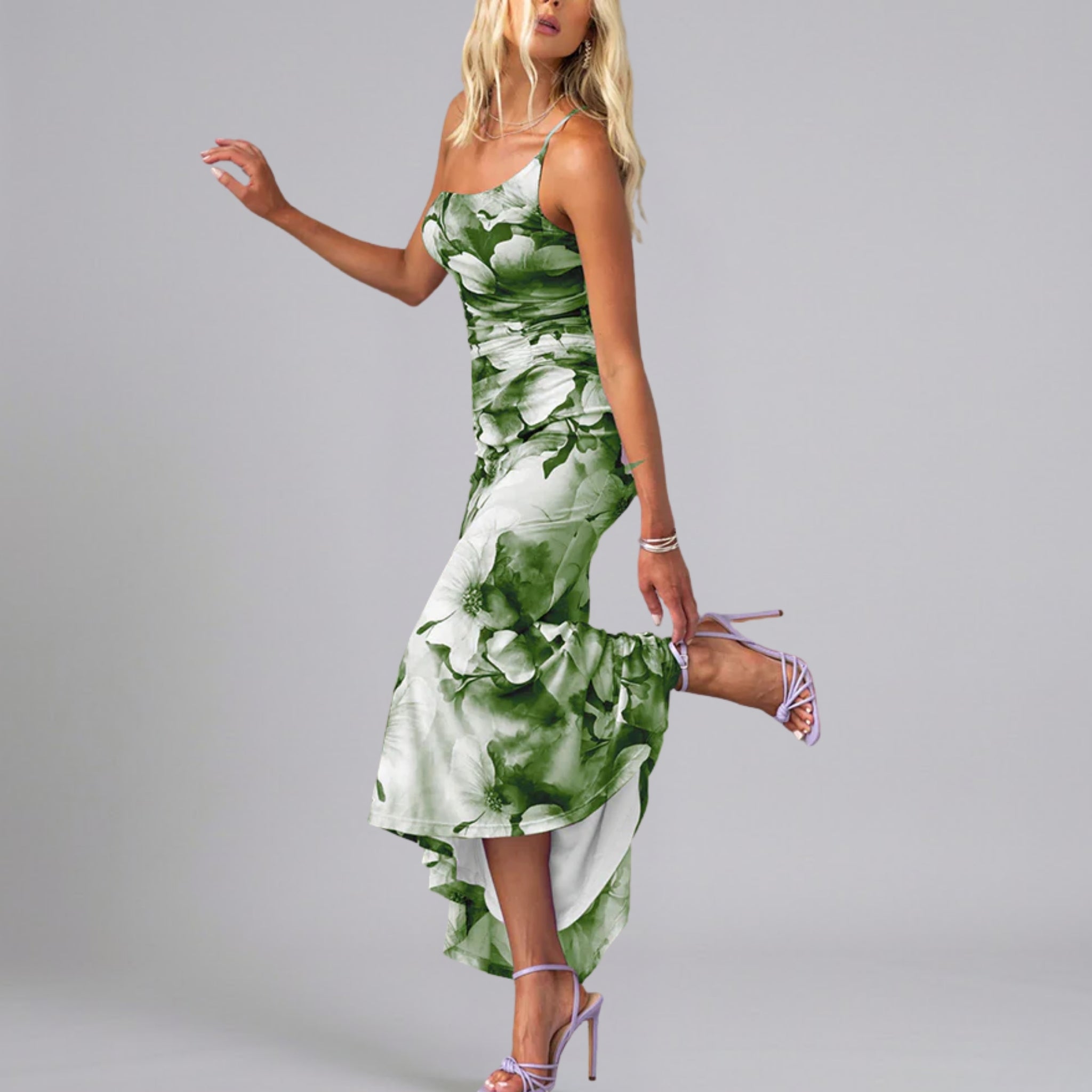 Women’s Floral One-Shoulder Asymmetrical Maxi Dress with Cascading Ruffles