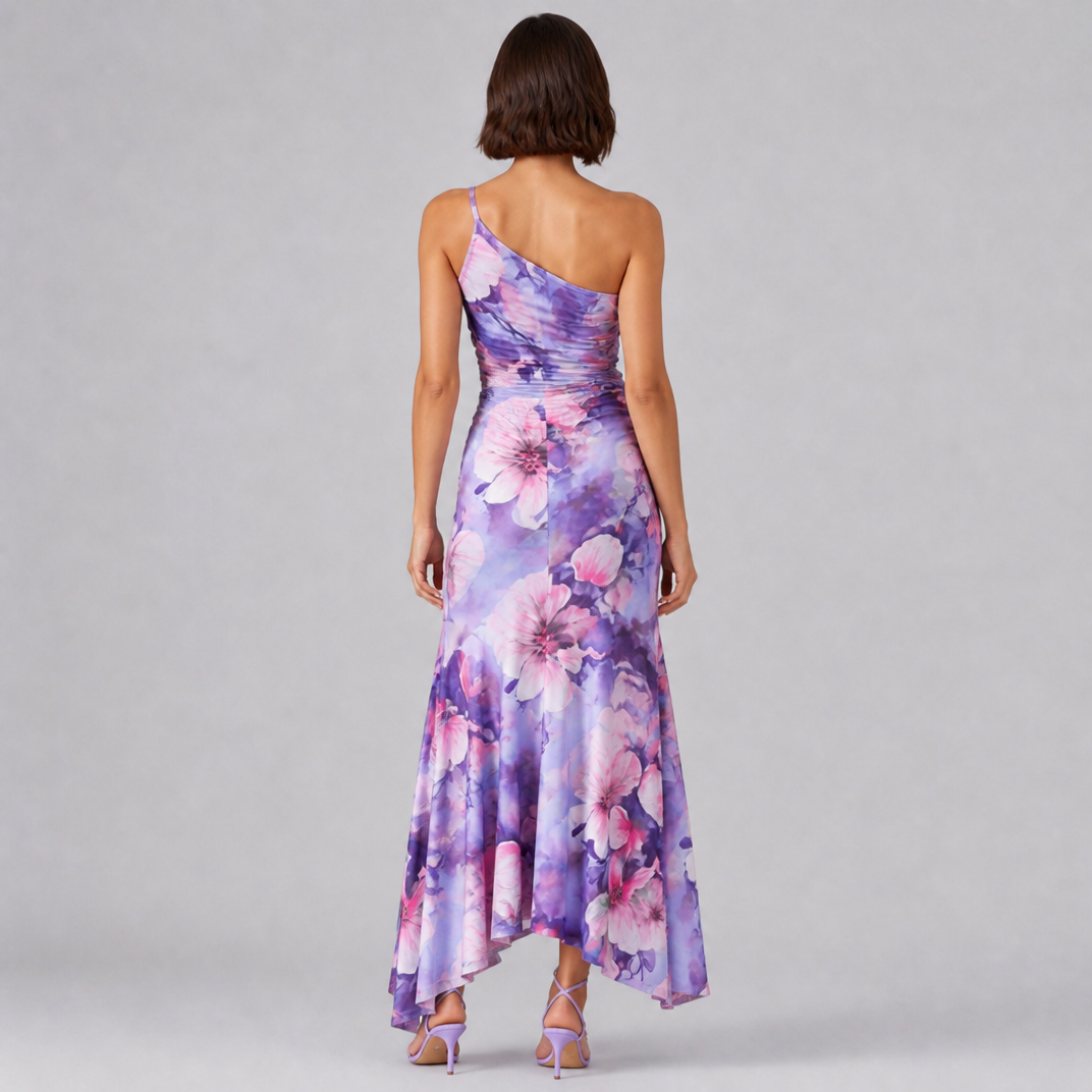 Women’s Floral One-Shoulder Asymmetrical Maxi Dress with Cascading Ruffles