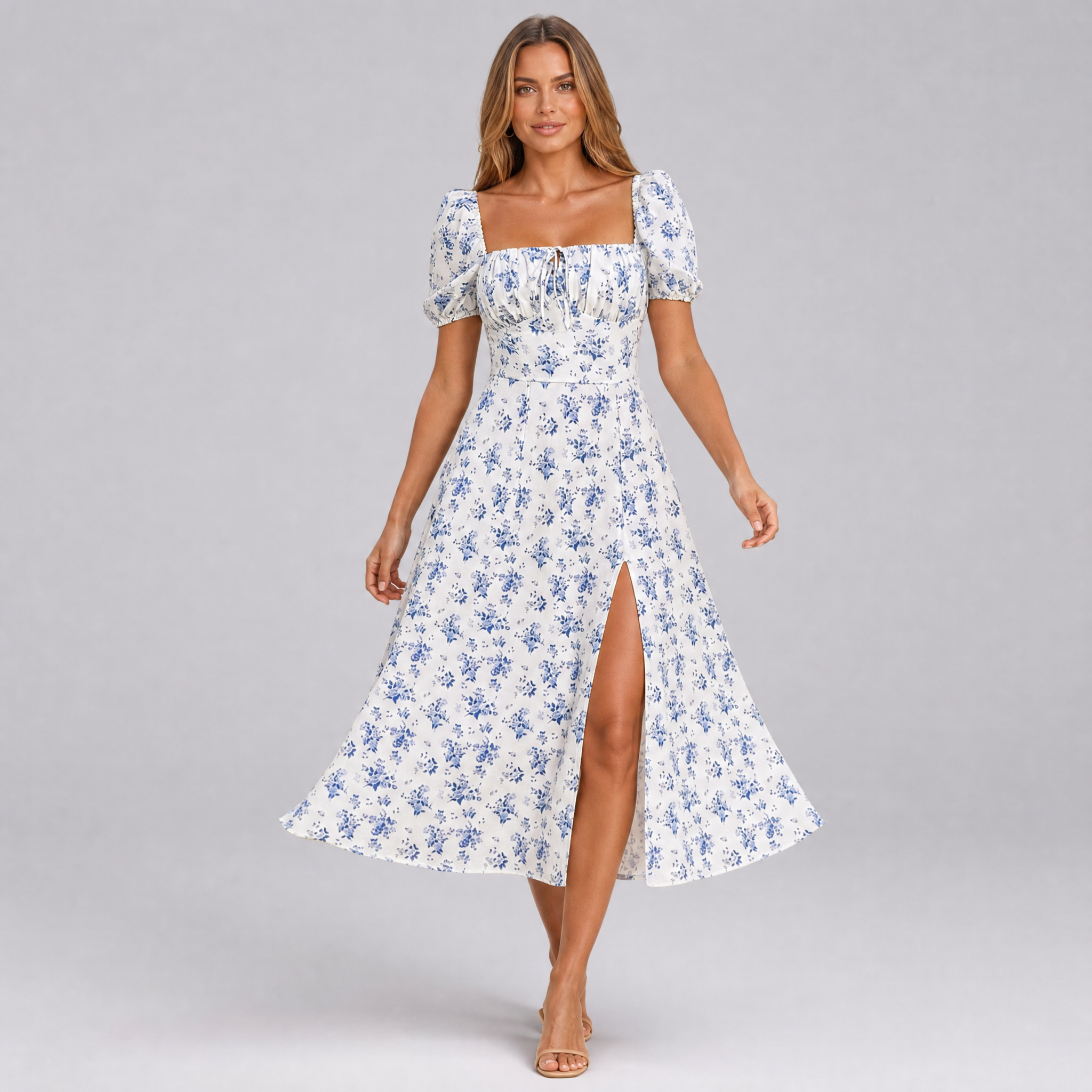 Women’s Floral Square-Neck Puff-Sleeve Slit Midi Dress