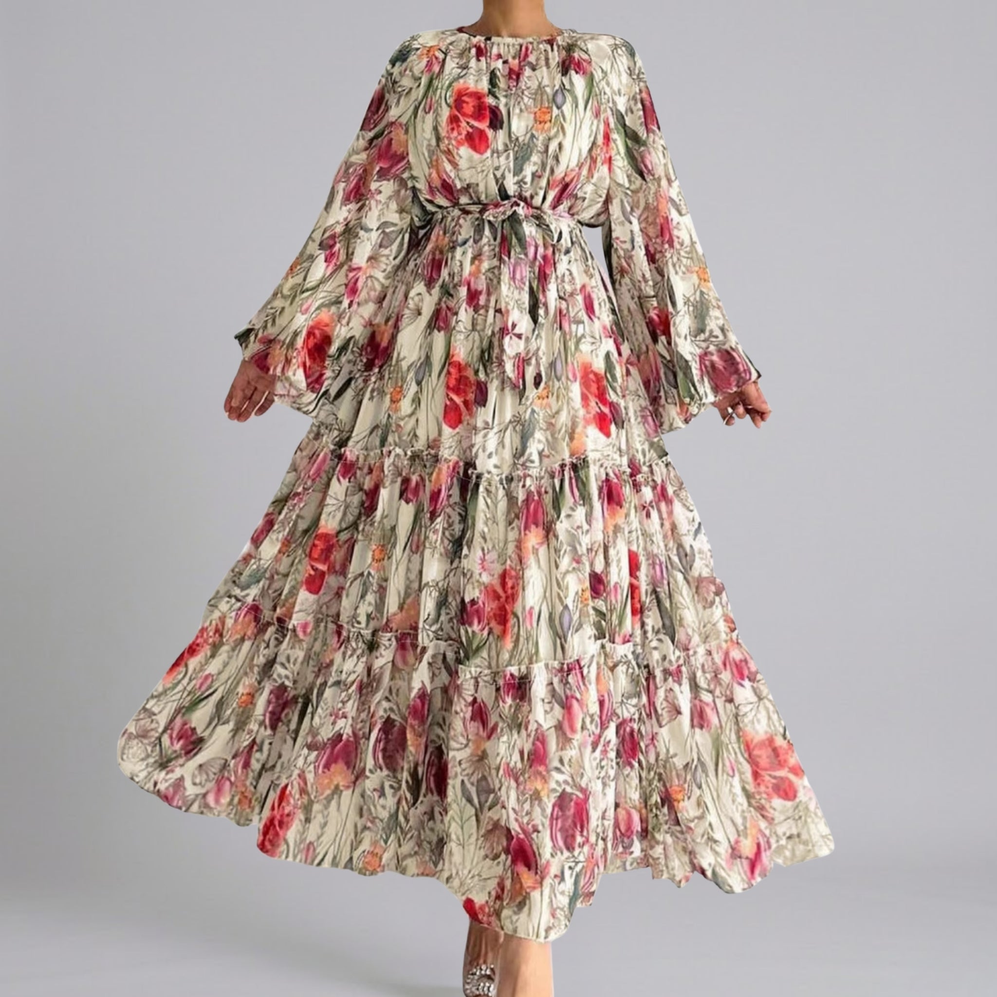 Women’s Floral Tiered Maxi Dress with Tie-Waist