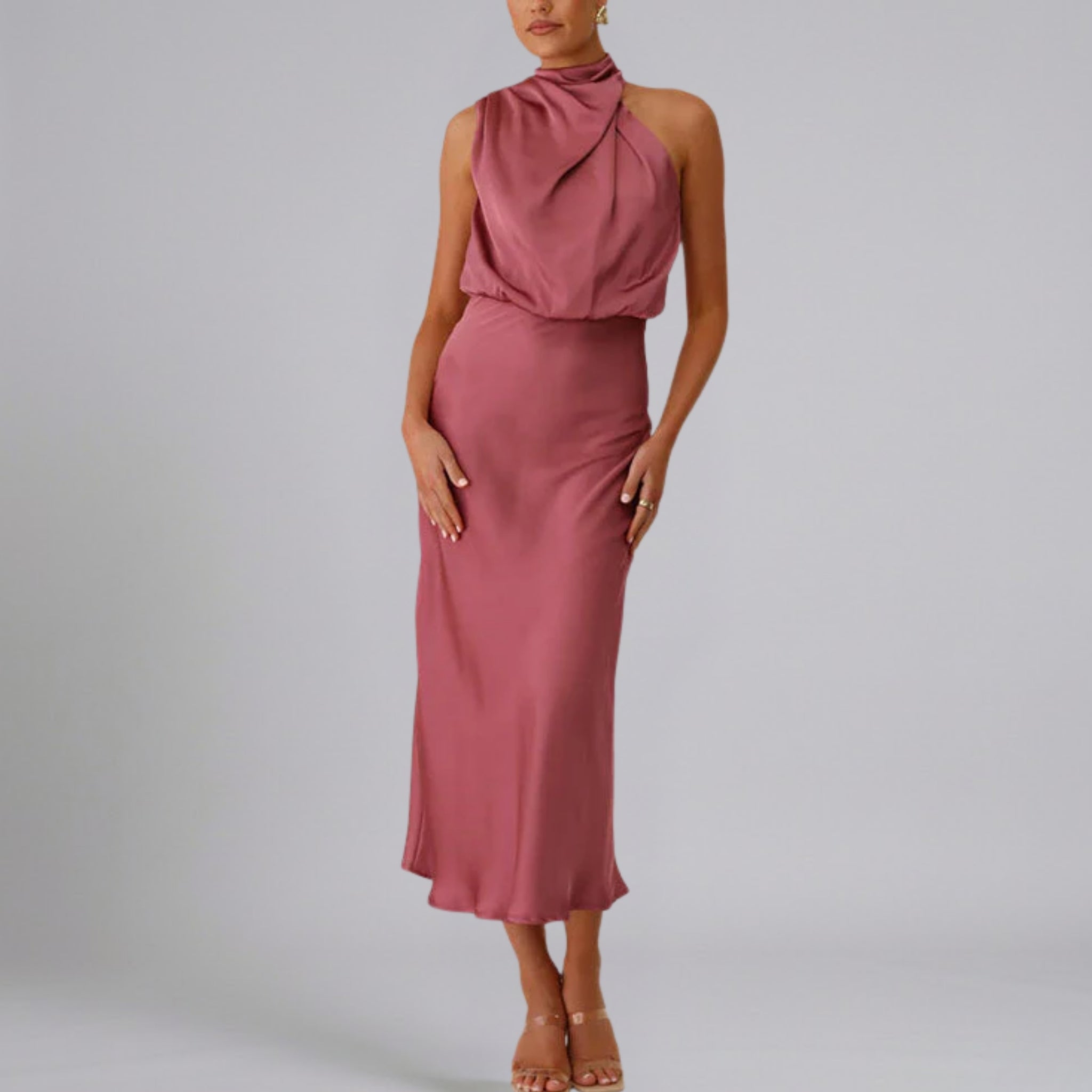 Women’s High-Neck Satin-Finish Prom Dress