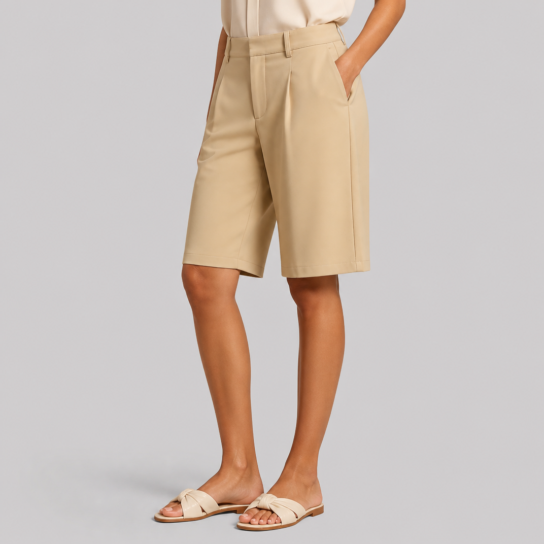 Women's High-Waisted Beige Bermuda Shorts – Tailored Shorts Women