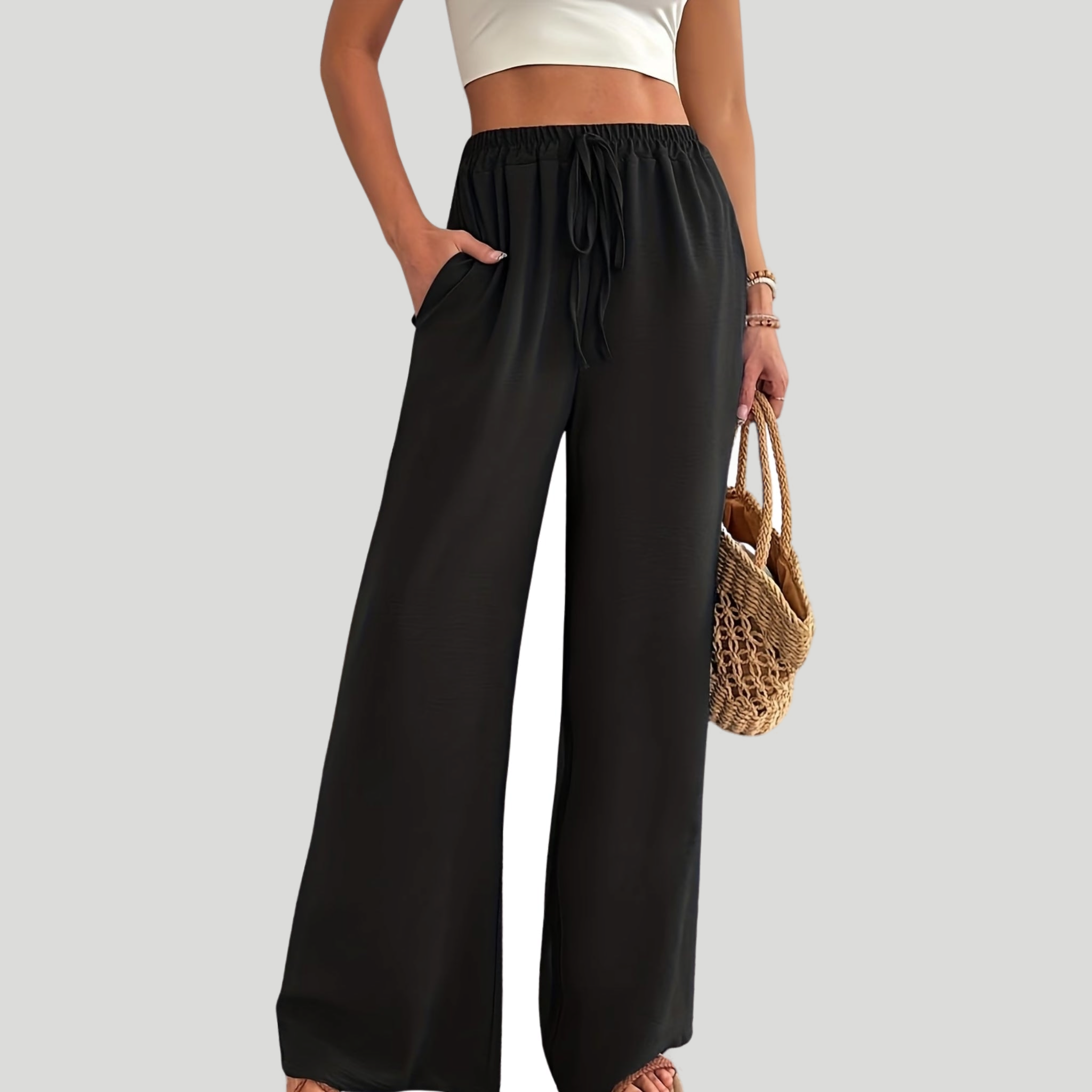 Women’s High-Waisted Wide-Leg Linen Trousers with Drawstring