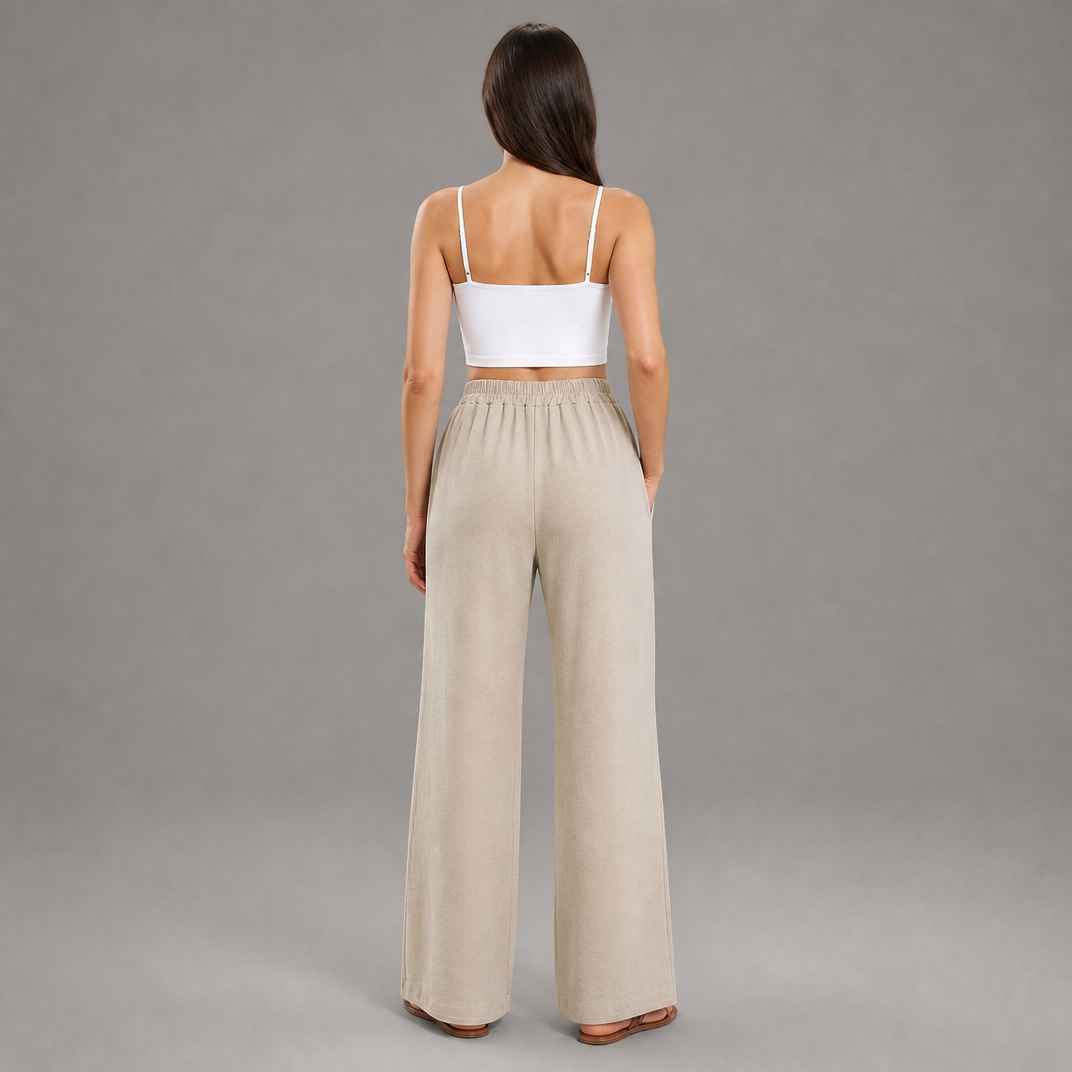 Women’s High-Waisted Wide-Leg Linen Trousers with Drawstring