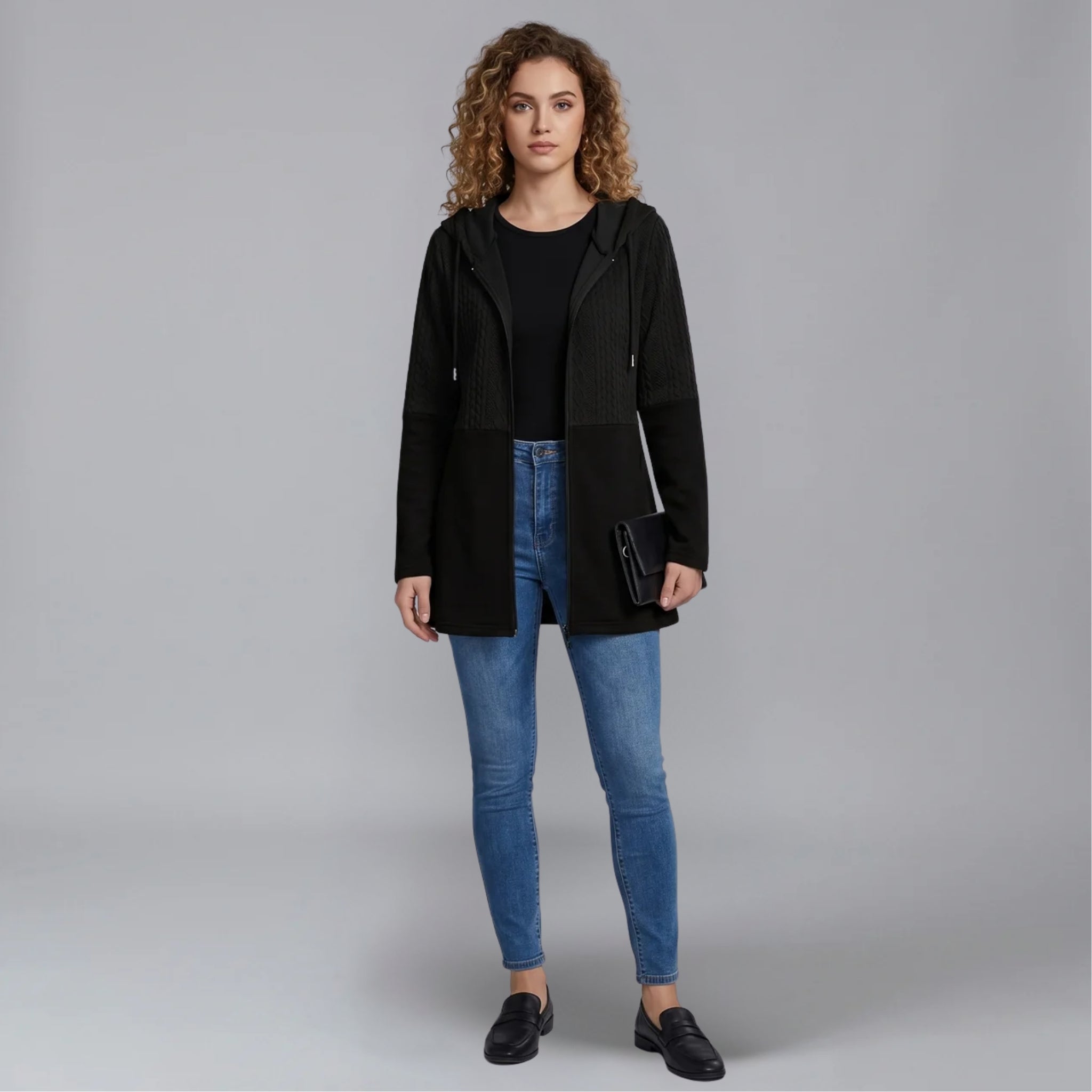 Women’s Hooded Mixed-Texture Zip Cardigan