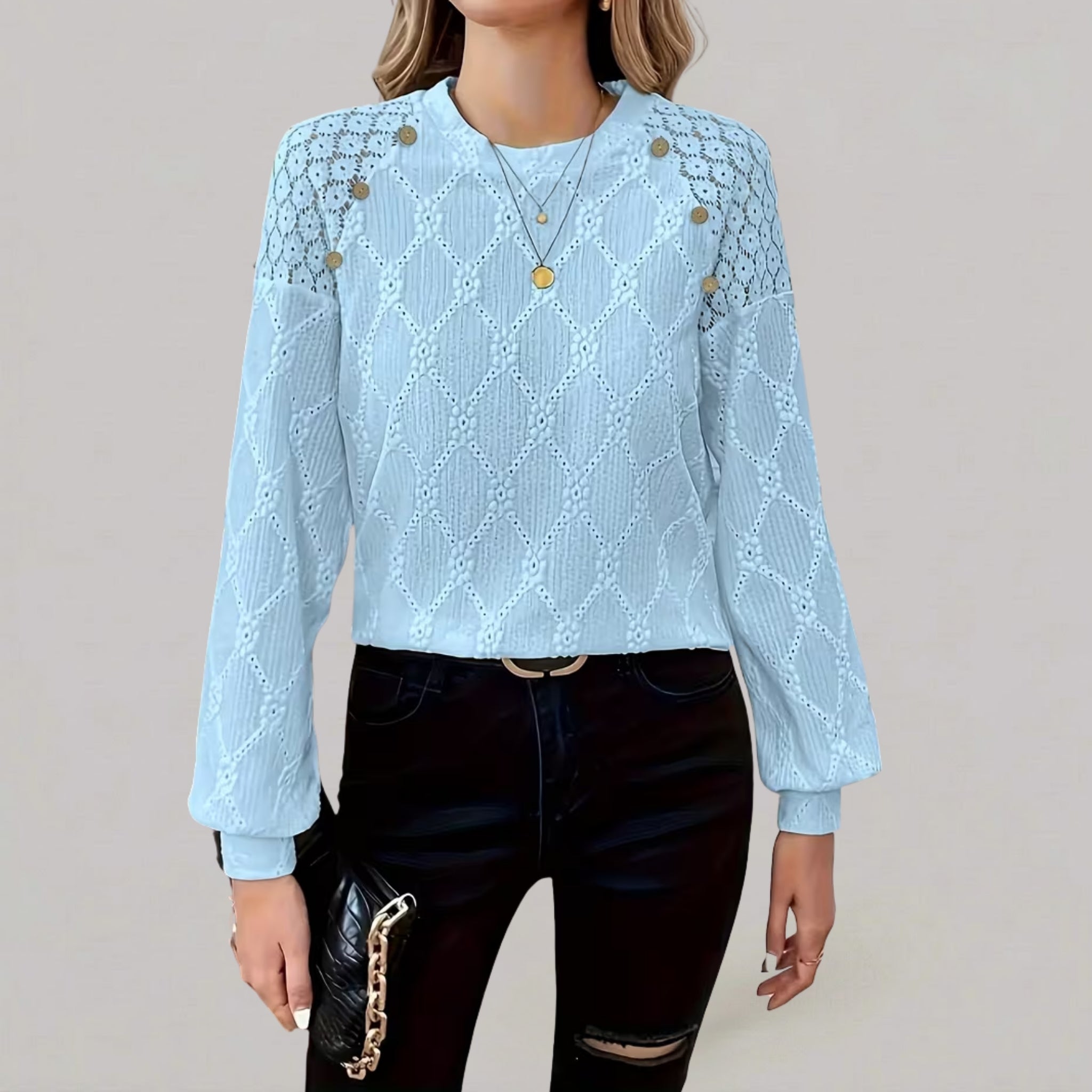 Women’s Lattice-Patterned T-Shirt with Button Detail