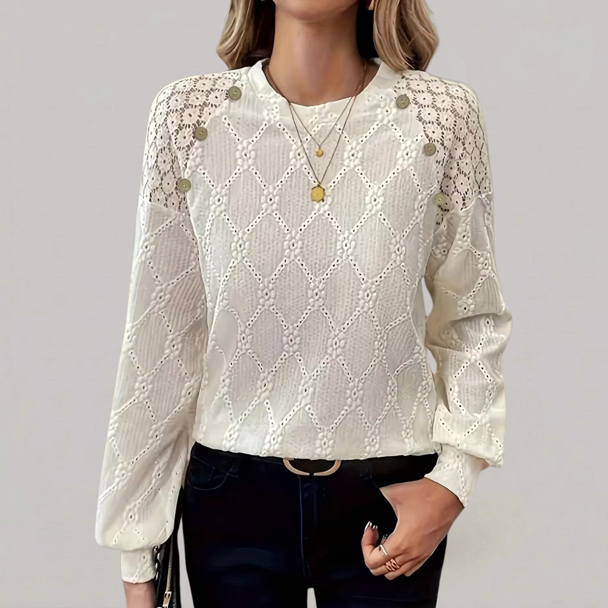 Women’s Lattice-Patterned T-Shirt with Button Detail