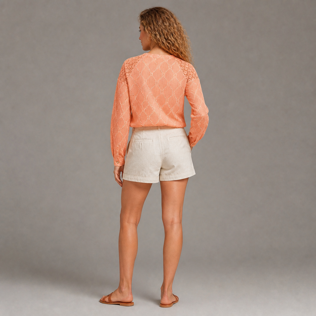 Women’s Lattice-Patterned T-Shirt with Button Detail