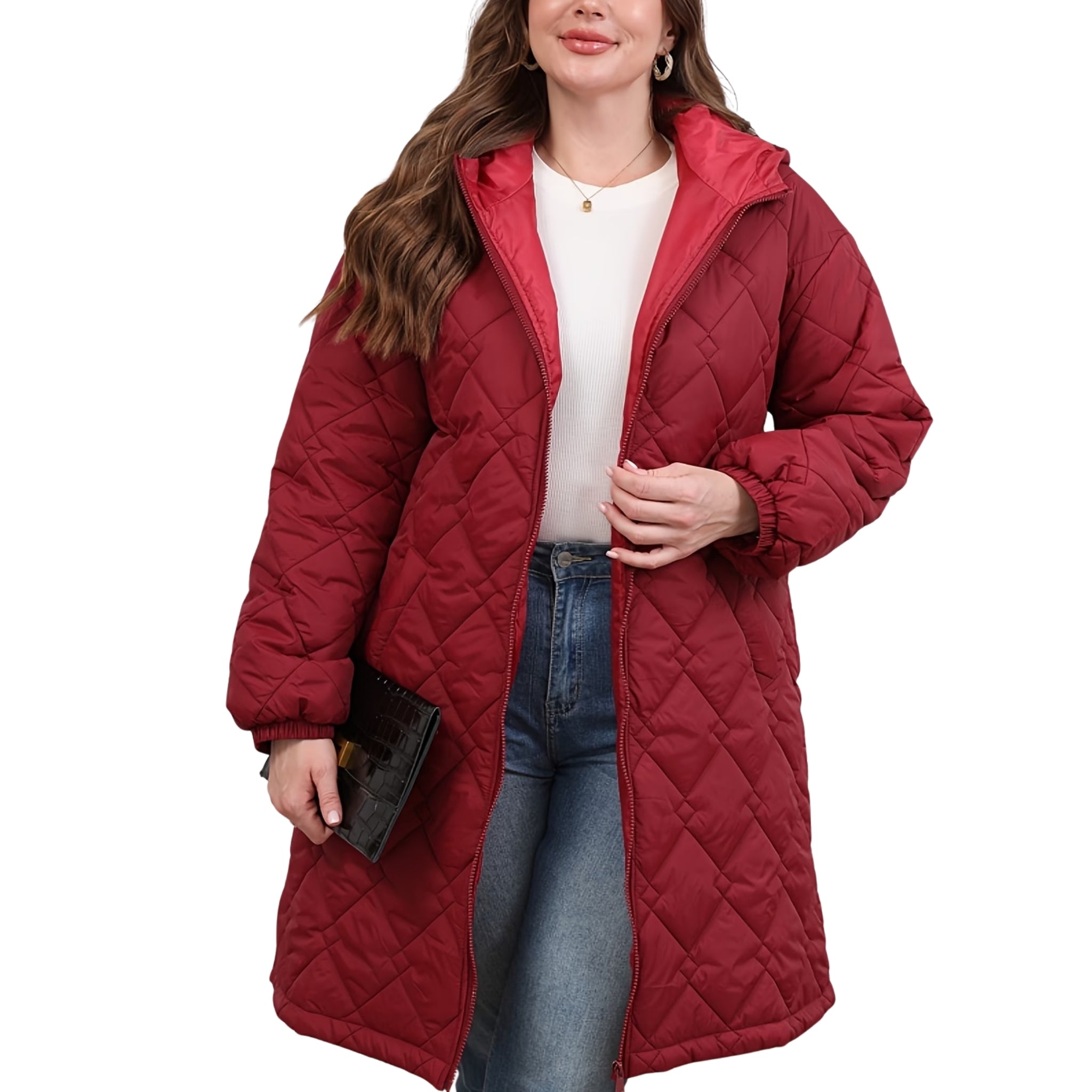Women’s Long Hooded Diamond Quilted Jacket