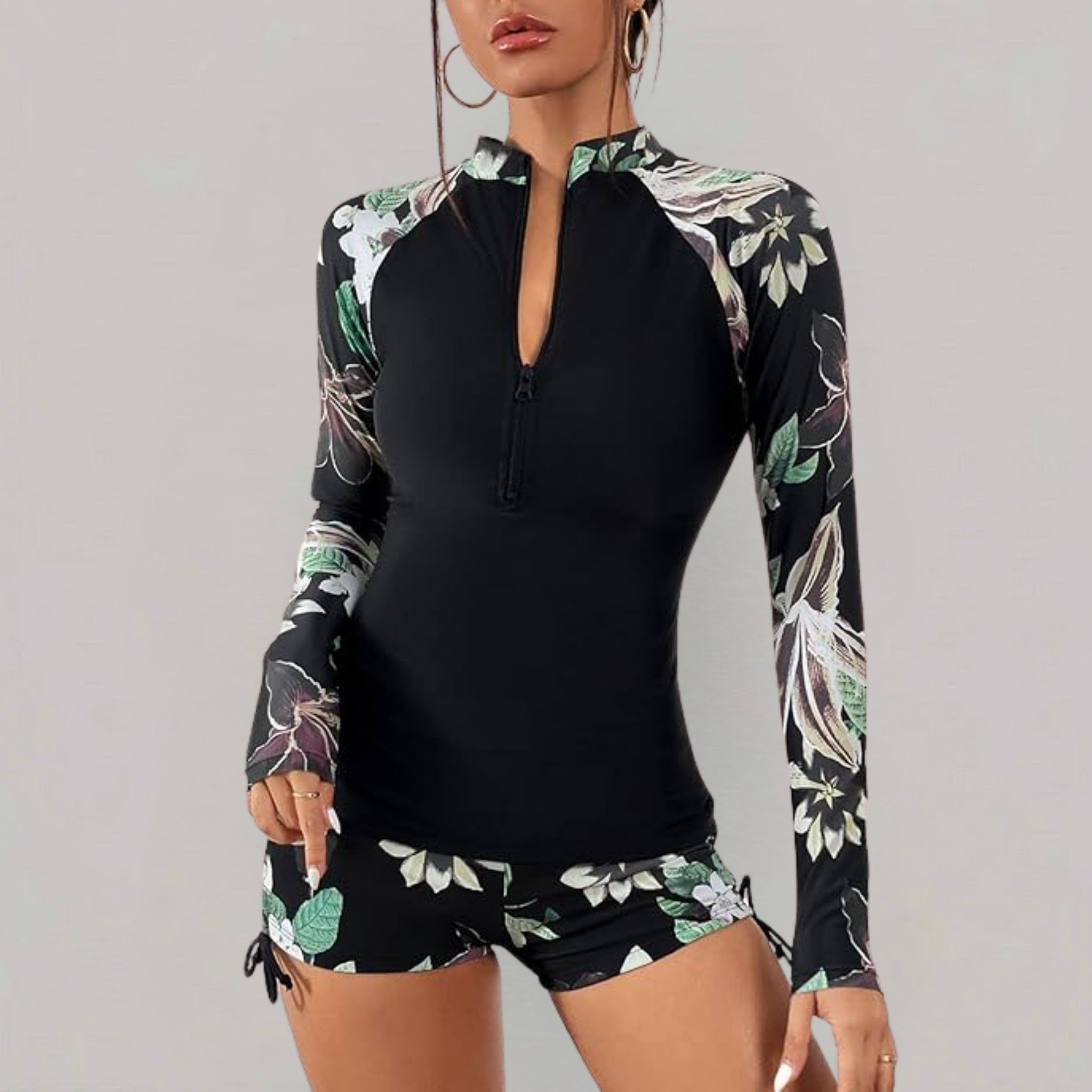 Women’s Long-Sleeve Floral Print Two-Piece Swimsuit