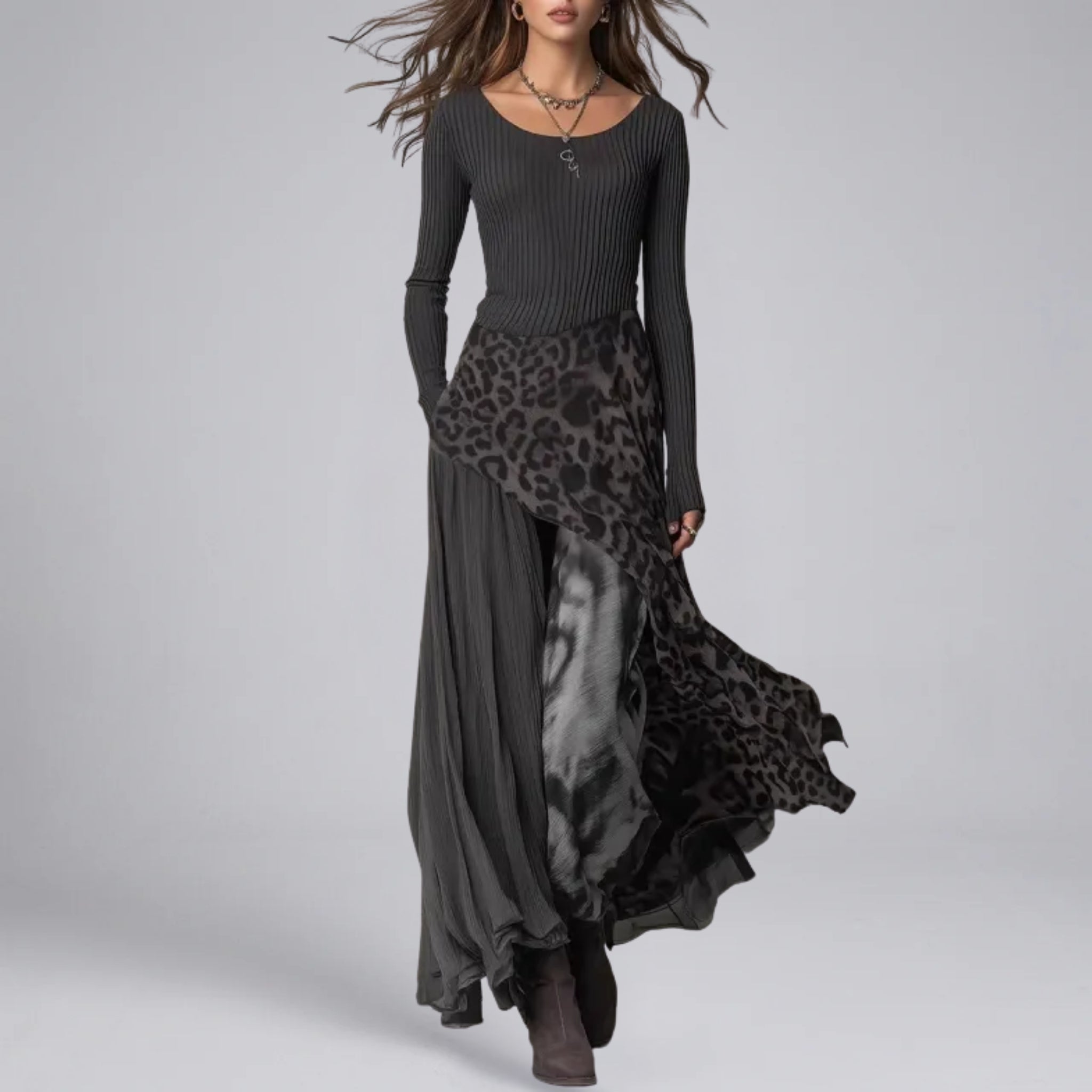 Women’s Long-Sleeve Ribbed-Knit Dress with Leopard-Print Skirt