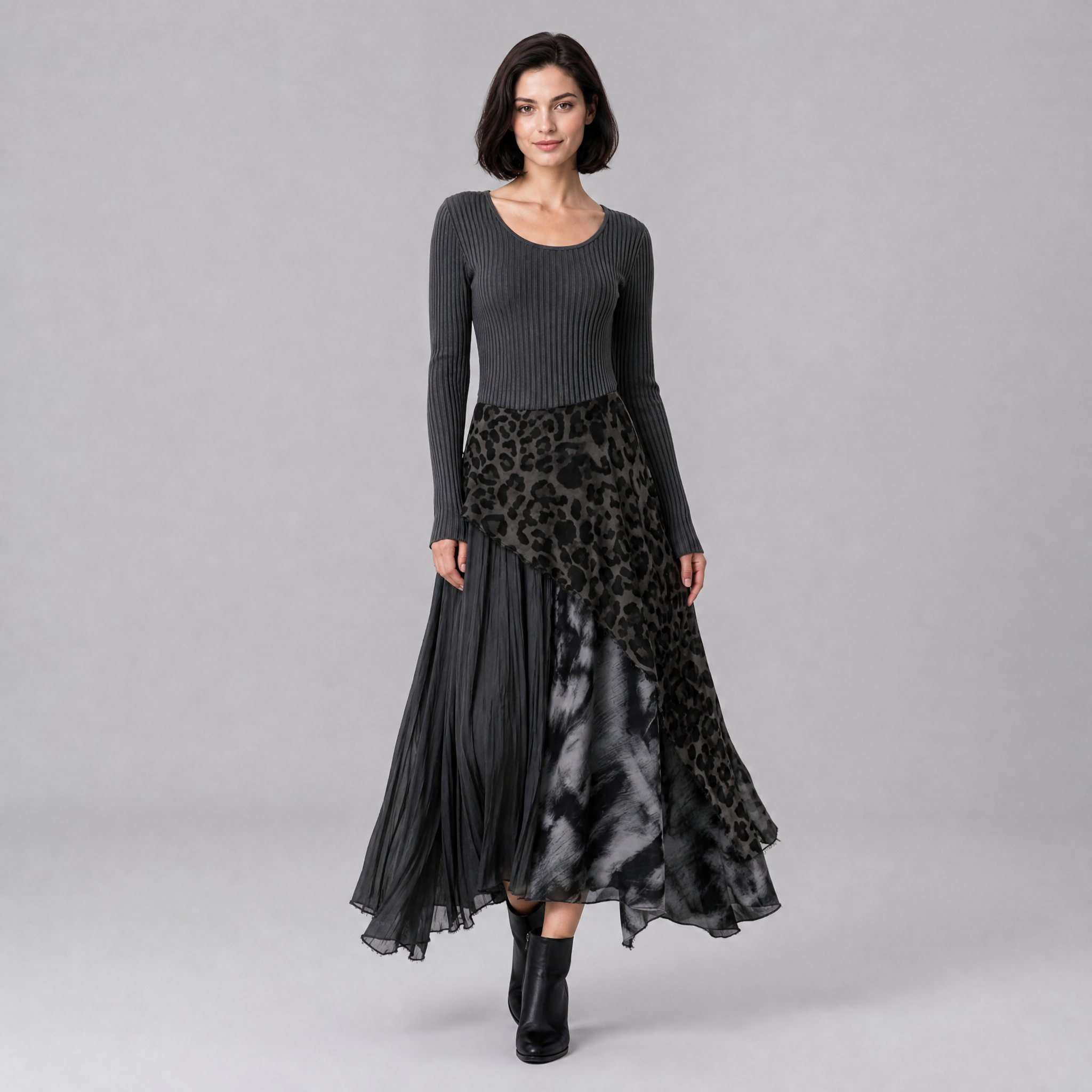 Women’s Long-Sleeve Ribbed-Knit Dress with Leopard-Print Skirt